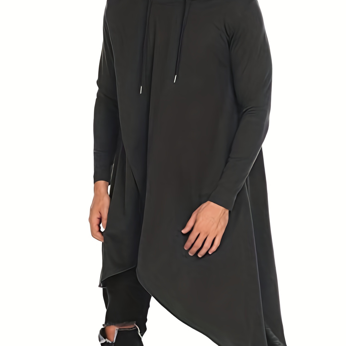 Plus Size Mens Casual Poncho Hooded Cape Cloak Asymmetric Hem Pullover Hoodie Sweatshirts, Solid Irregular Design Clothes