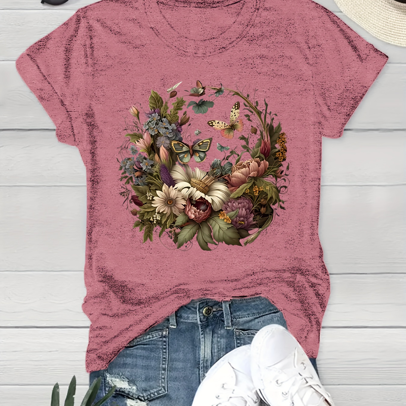 

Floral & Butterfly Print T-shirt, Casual Crew Neck Short Sleeve Top For Spring & Summer, Women's Clothing