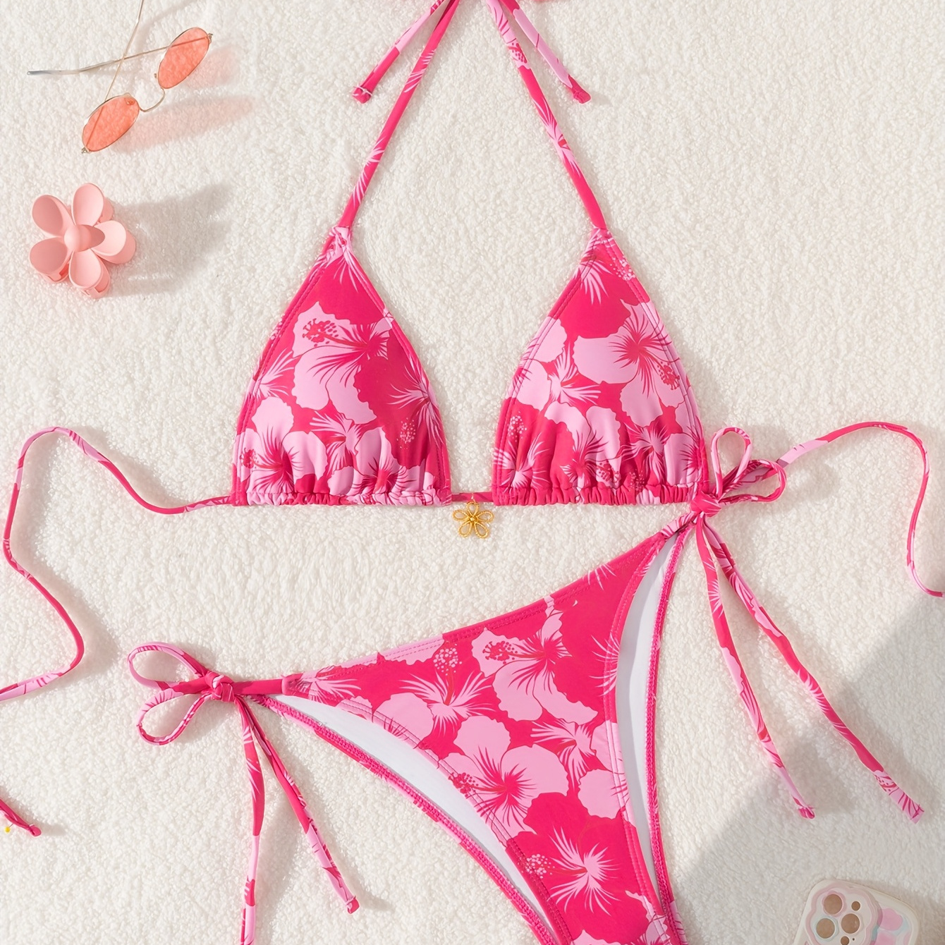 

1pc Pink Floral Print Halter Neck Bikini Set With Lace-up Tie Sides, High Stretch Polyester Knit Fabric, Metallic Accent Triangle Cup Swimwear For Women