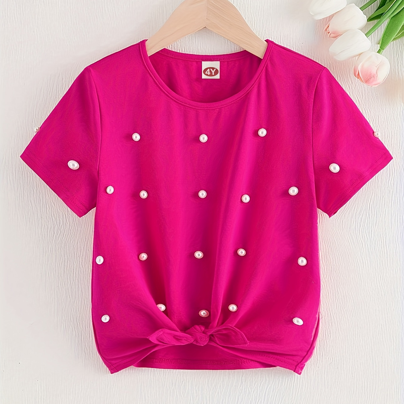 

Girls Casual Bead Decor Short Sleeve T-shirt Top For Summer Gift Outdoor