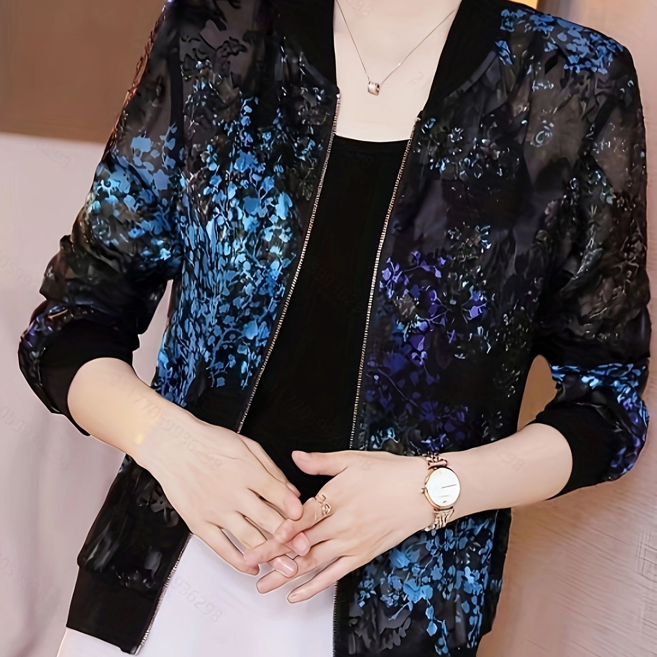 

Floral Print Zipper Jacket, Elegant Long Sleeve Outwear For Spring & Fall, Women's Clothing