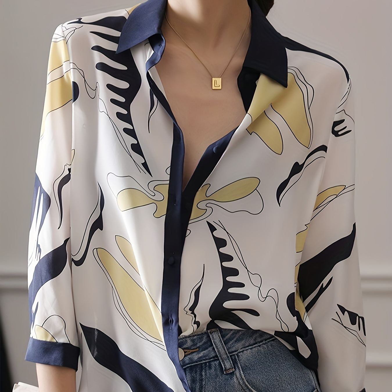 

Abstract Print Color Block Blouse, Elegant Single Breasted Loose Blouse For Spring & Fall, Women's Clothing