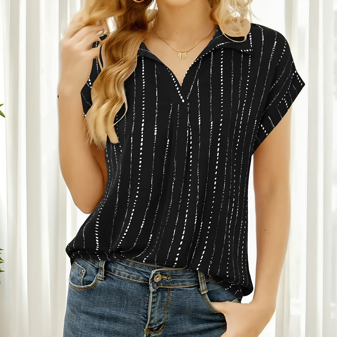 

Striped V-neck T-shirt, Casual Short Sleeve Top For Spring & Summer, Women's Clothing