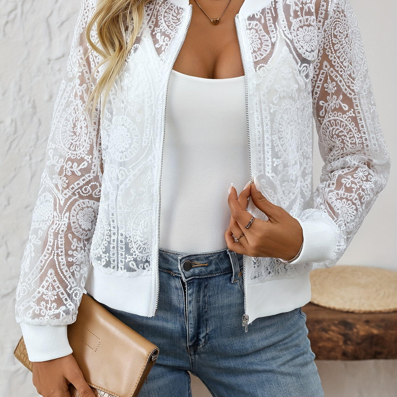 

Women' Solid Color Embroidered Long Sleeve Jacket, Elegant Polyester Knit With Zipper Front, Regular Length, Spring/autumn Casual Blazer