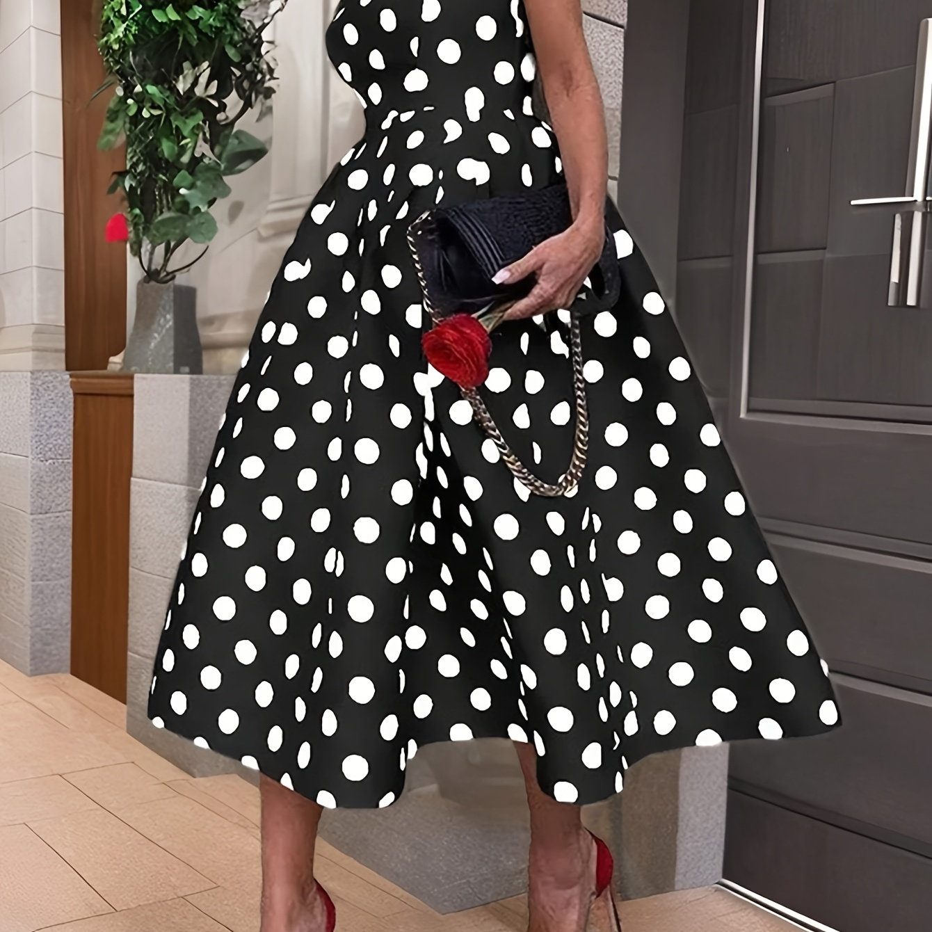 

Elegant Polka Dot A-line Dress With Belt - Crew Neck, Sleeveless, Machine Washable - Summer & Spring Parties, European And