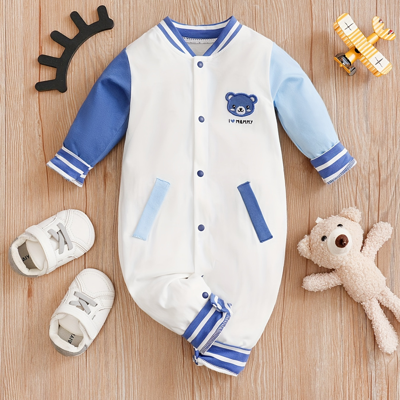 

Toddler Baby's Color Block Long Sleeves Jumpsuit, Casual Cute Cartoon For Winter