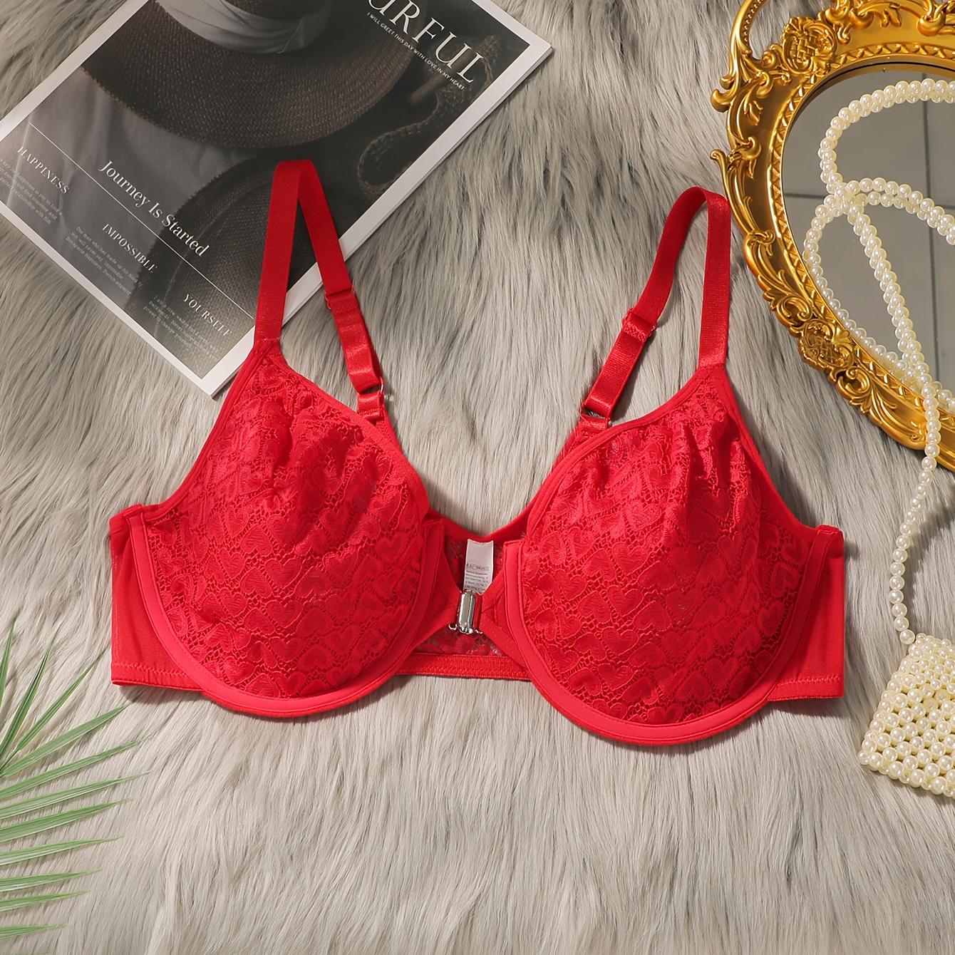 

1pc Bralette en Dentelle Sexy pour Femme, Polyamide 86% Élasthanne 14%, Couleur Unie, Armature, Tissu Tricoté, Confortable Design Push-Up, Rembourrage - Rouge