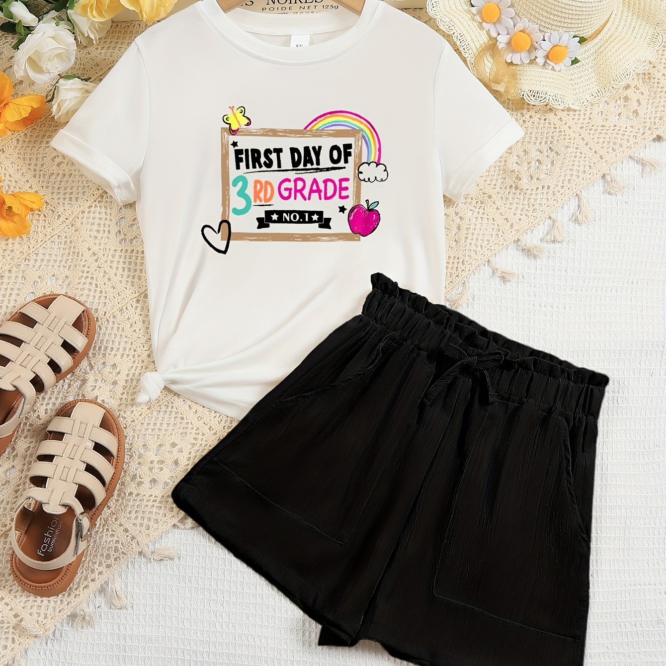 

'3rd Grade' Print 2 Pcs Girl's Short Sleeve Tee + Shorts Set - Versatile Comfy For Casual Wear, Gift Idea