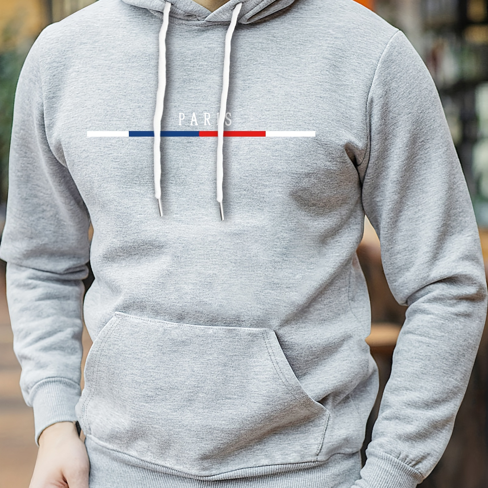 

Men's Blue, Red, And White Crossbars Paris Print Fashion Hooded Sweatshirt, Long Sleeve, Slight Stretch, Street Style, Trendy, Comfortable, Casual, Outdoor-friendly Hoodie For Spring Autumn Daily Wear