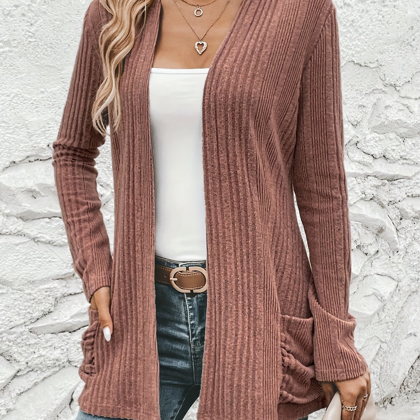 

Elegant Open Front Ribbed Cardigan, Long Sleeve Cardigan For Spring & Fall, Women's Clothing
