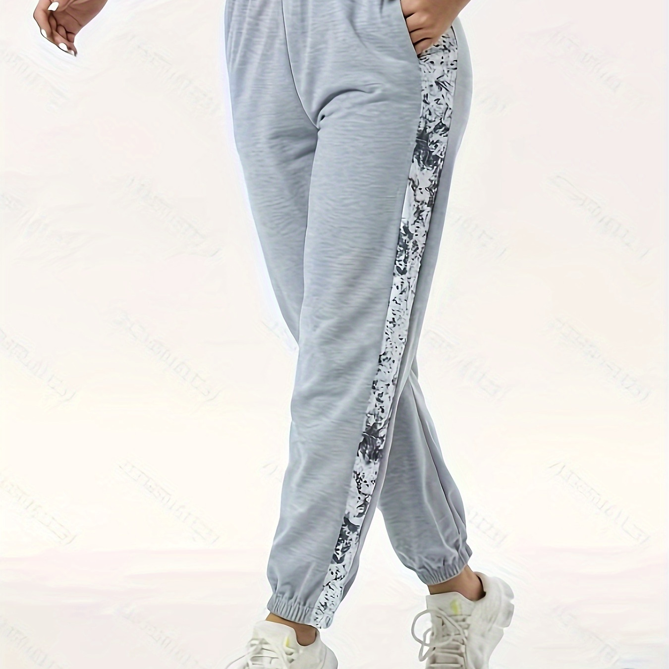 

Women's Polyester Sports Sweatpants With Pockets, Knit Fabric, Medium Stretch, Casual Running Joggers With Random Print, For Long Pants