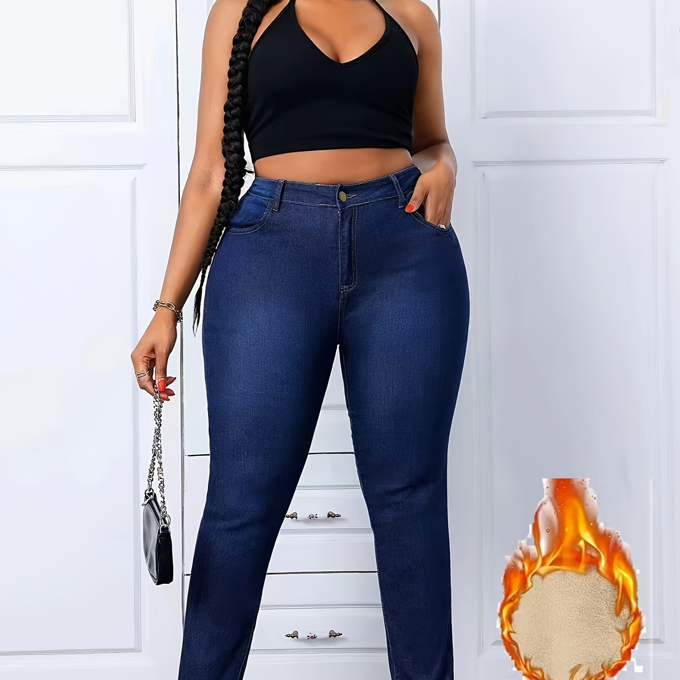 

Plus Size Plush Lined Plain Washed Blue Casual Style Zipper Button Closure Denim Pants For Winter & Fall, Women's Denim Jeans & Clothing