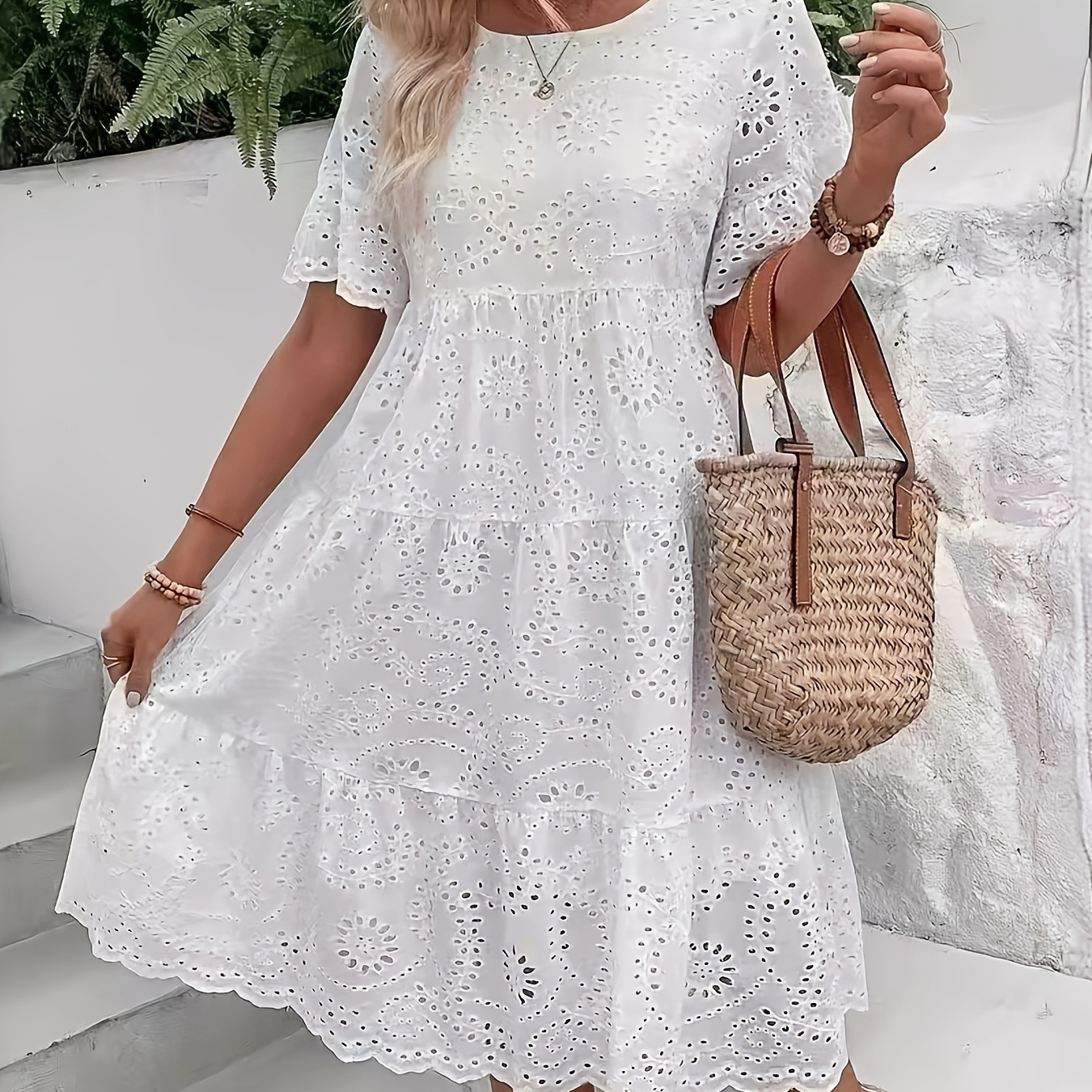 

Elegant White Eyelet Embroidered Dress - Chic With Ruffle Hem, Short Sleeves - Spring/summer Vacations - Women's Round Neck Semi-sheer Dress