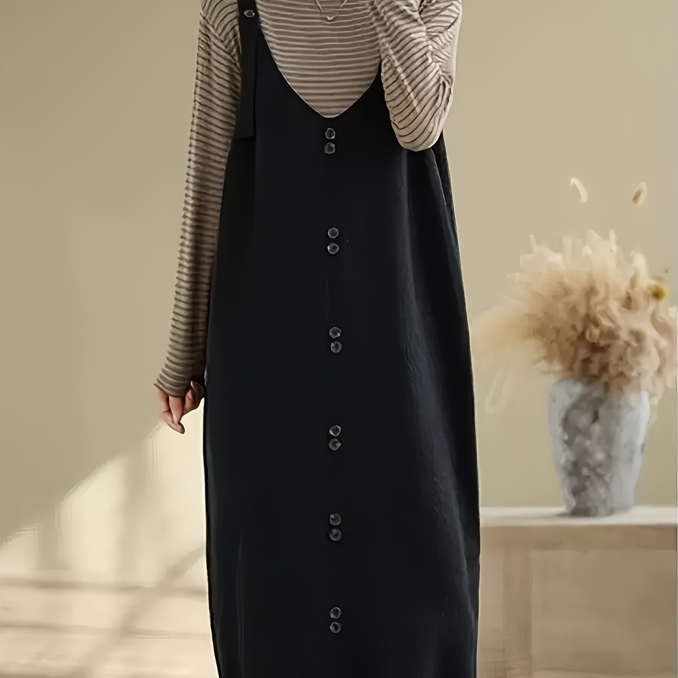 

Elegant V-neck Sleeveless Knit Midi Dress With Decorative Buttons - Stretchy Acrylic , , Long Length For Fall/winter/spring - Casual & Formal Wear, Cute Dress