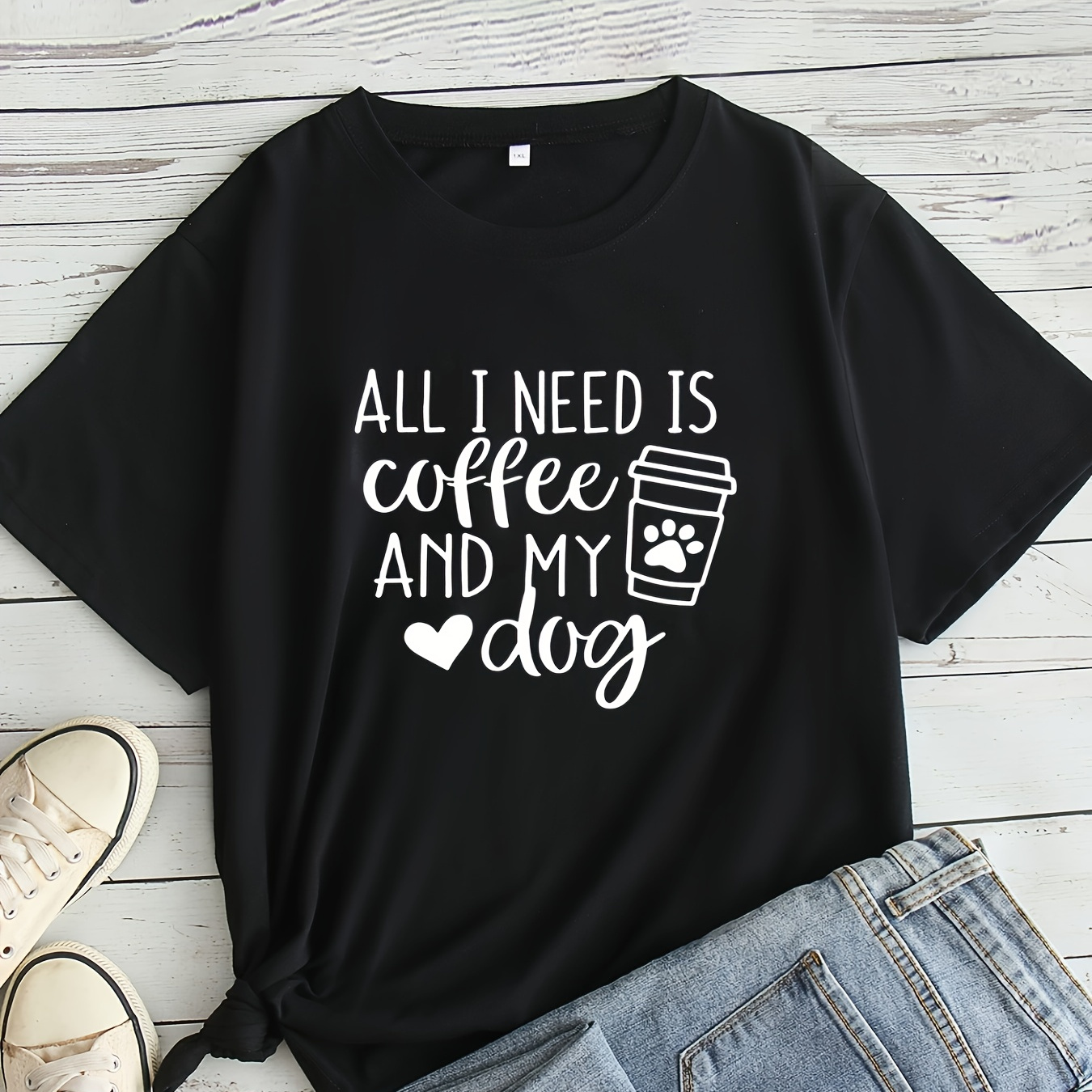 

Plus Size Coffee & Dog Print T-shirt, Casual Short Sleeve Crew Neck Top For , Women's Plus Size Clothing