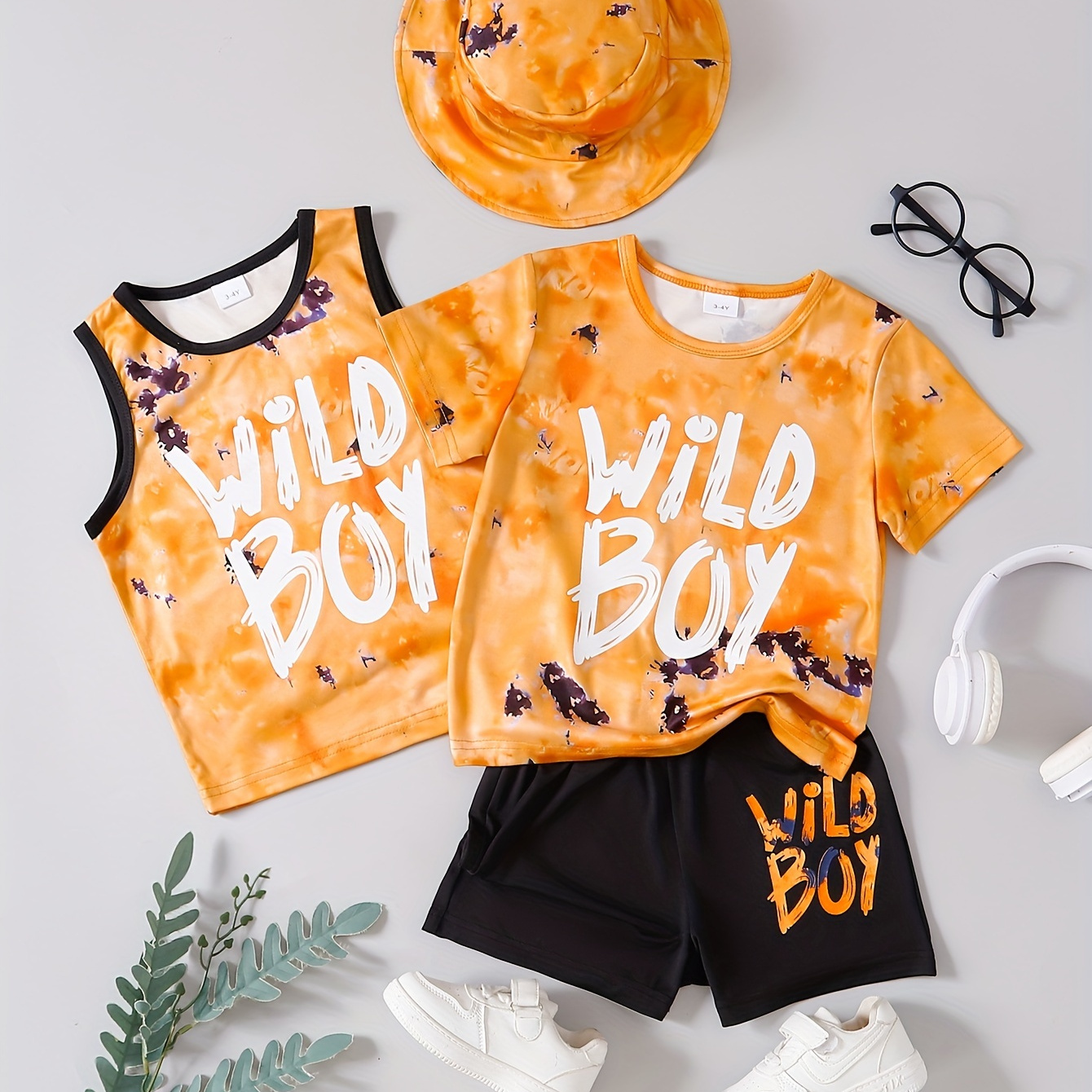 

4pcs Boys Casual Tie Dye Wild Boy Letter Graphic Print Short Sleeve T-shirt & Shorts & Sleeveless Tank Top & Hat Set, Comfy Summer Boys Clothes