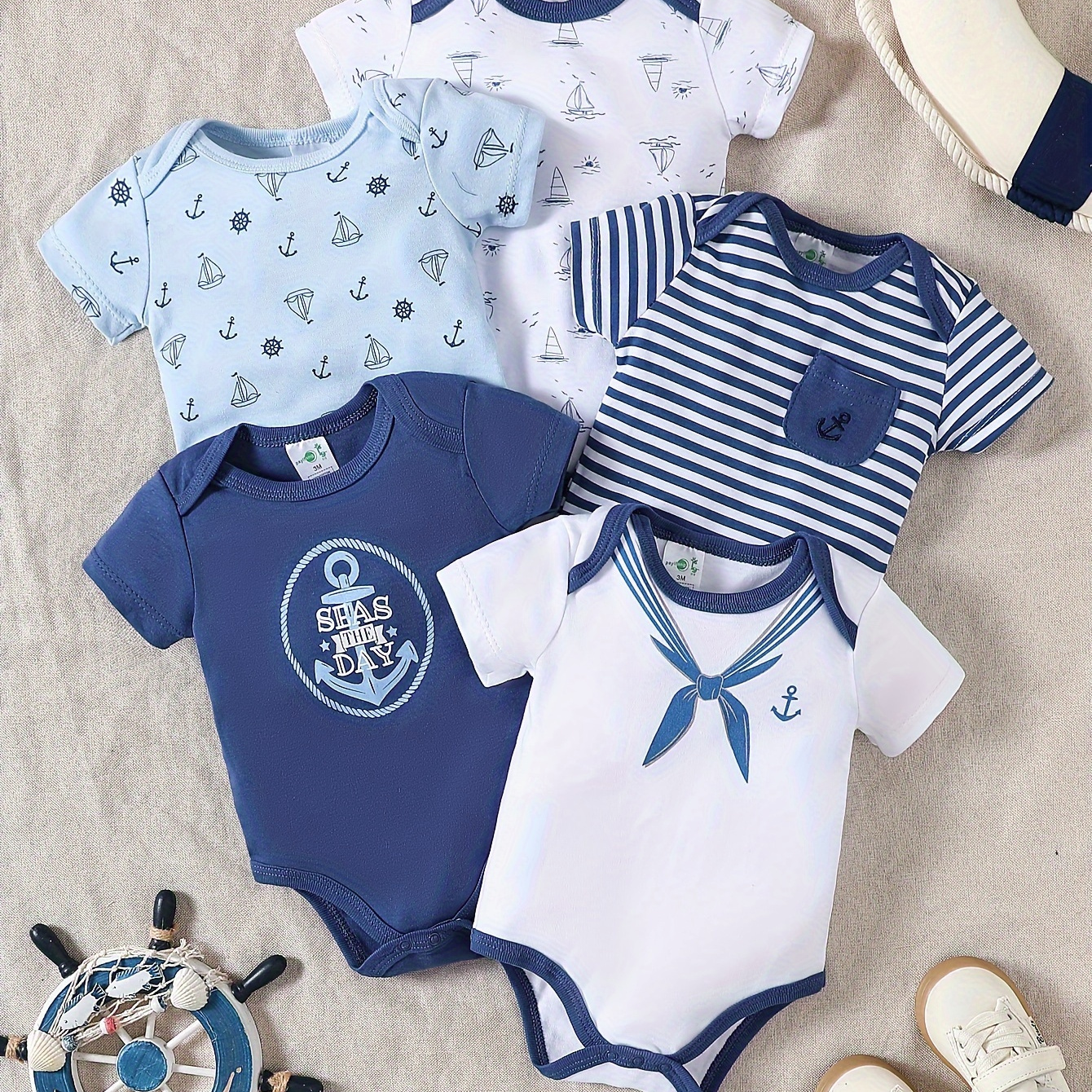 

5pcs Baby's Marine Style Cotton Bodysuit, Casual Short Sleeve Romper, Toddler & Infant Boy's Clothing