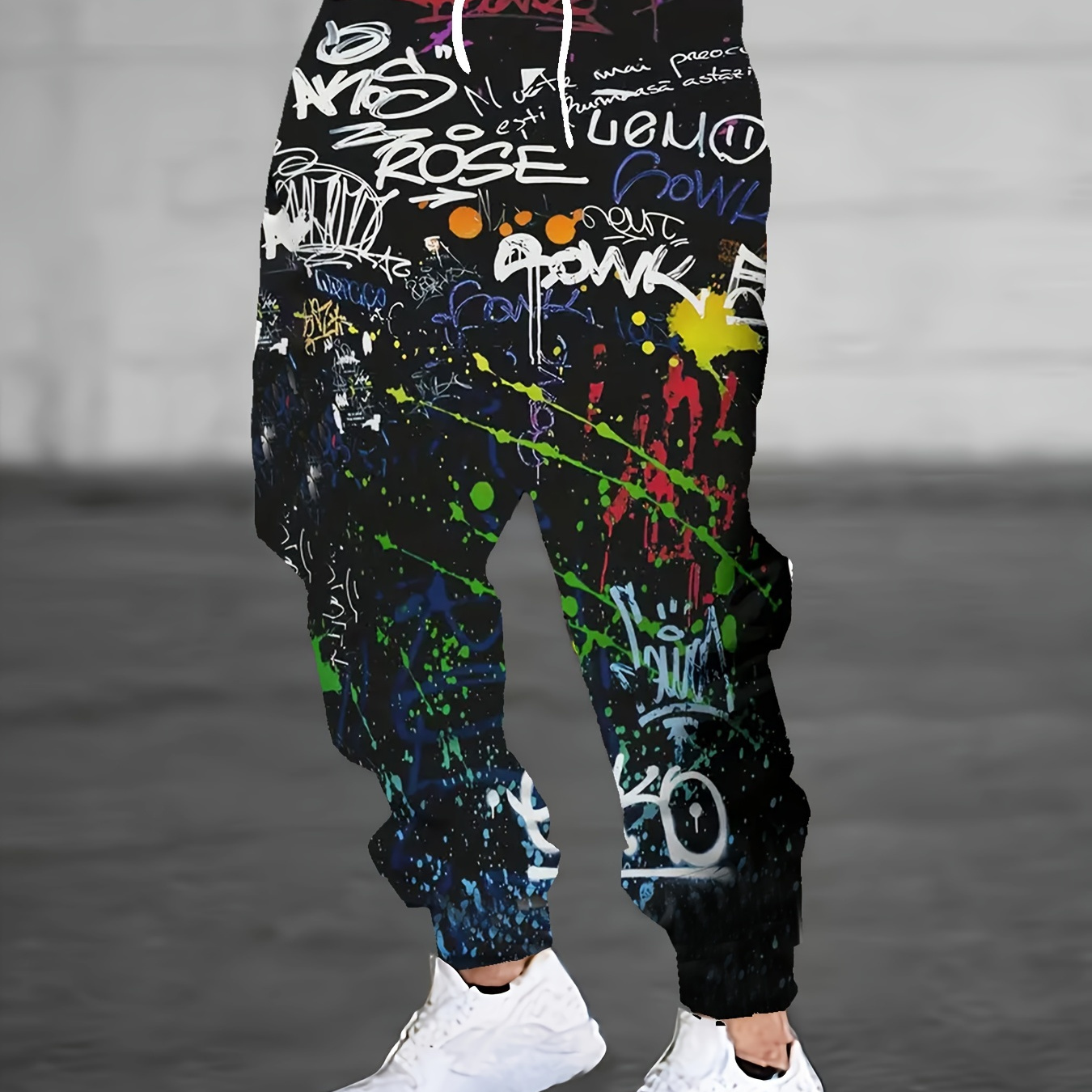 

Men's Graffiti Style Alphabet Print Allover Print Drawstring Footed Sweatpants, Casual Slightly Stretch Joggers For Running Jogging And Gym Fitness, Spring And Autumn