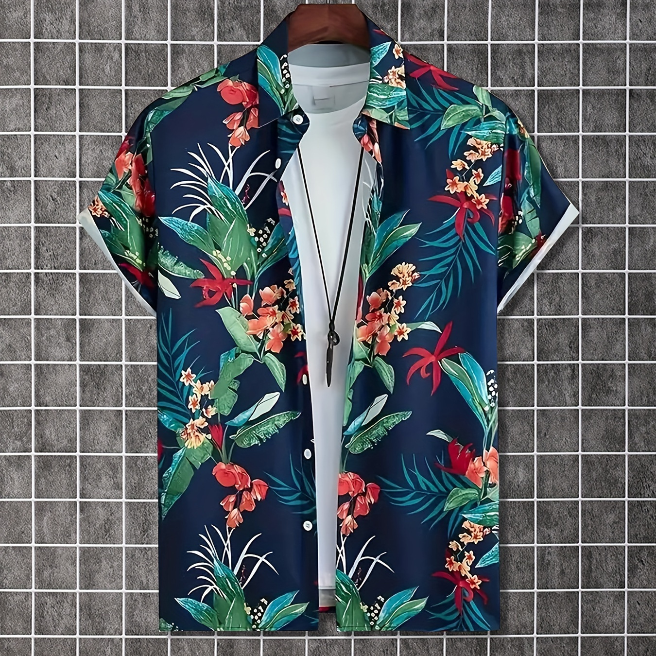 

Hawaii Floral Print Men's Summer Fashionable And Simple Short Sleeve Button Casual Lapel Simple Shirt, Trendy And Versatile, Suitable For Dates, Beach Holiday