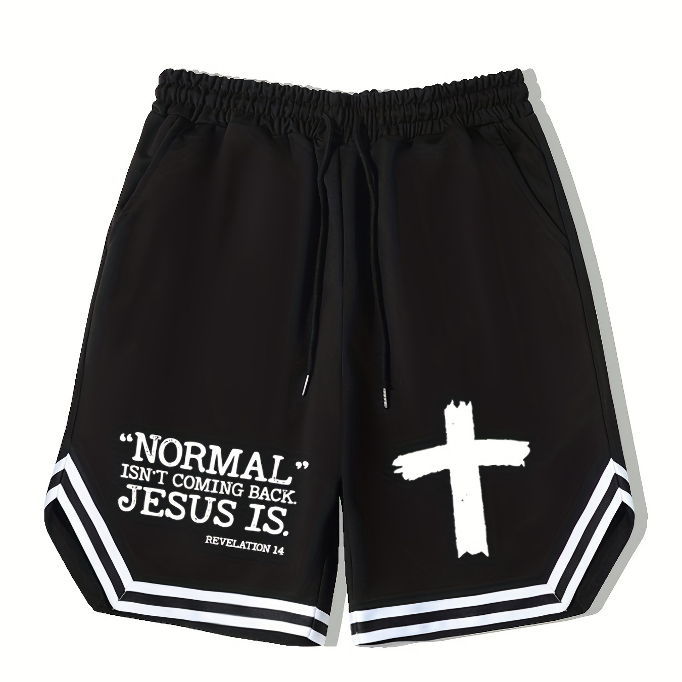 "Normal Isn't Coming Back Jesus Is", Men's Cross Graphic Basketball Shorts, Casual Slightly Stretch Breathable Drawstring Shorts, Men's Clothing For Summer Outdoor