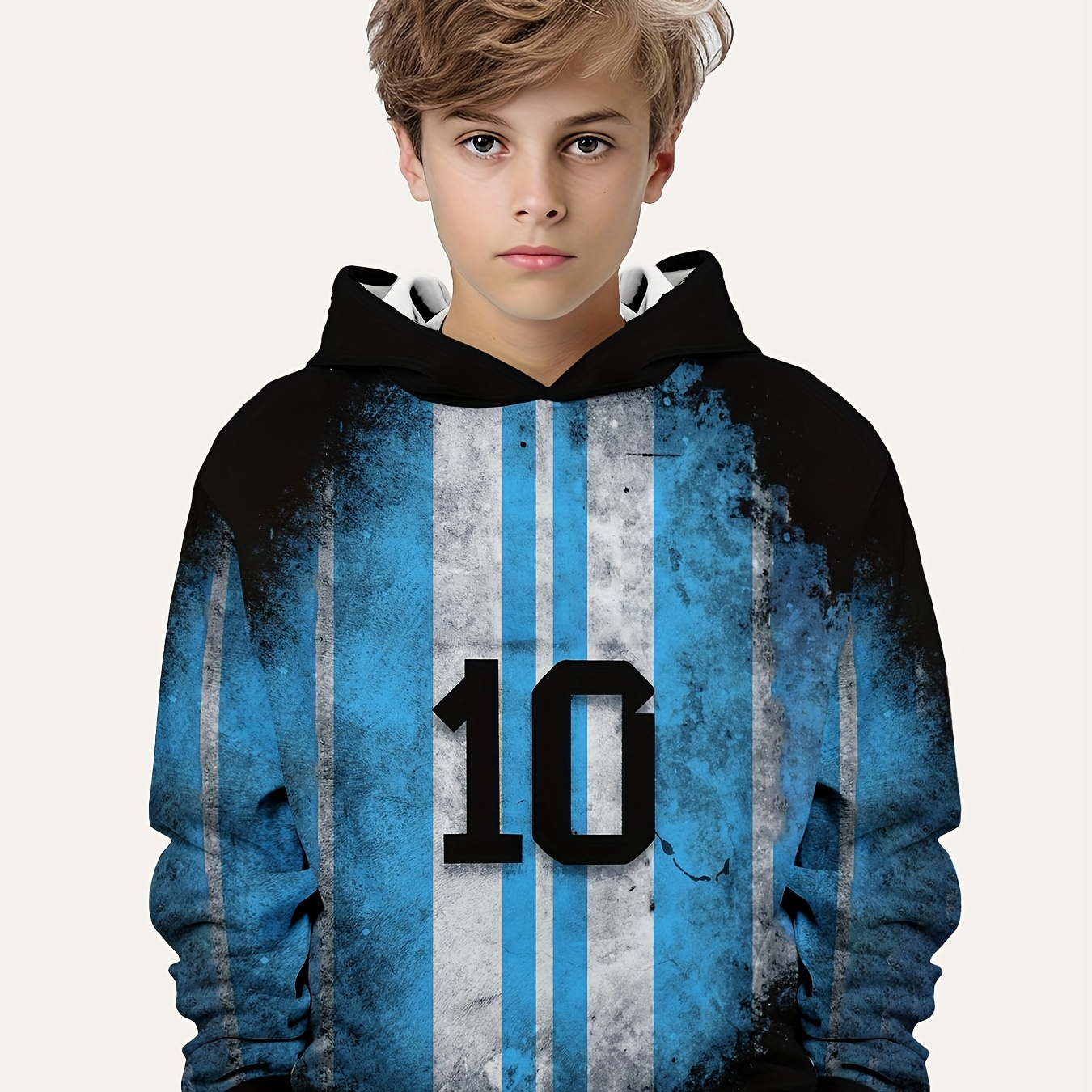 

Boys Trendy Number 10 Print Hooded Long Sleeve Sweatshirt, Soft Slight Stretch Fabric, Loose Fit, Pullover Design, Perfect For Spring And Fall