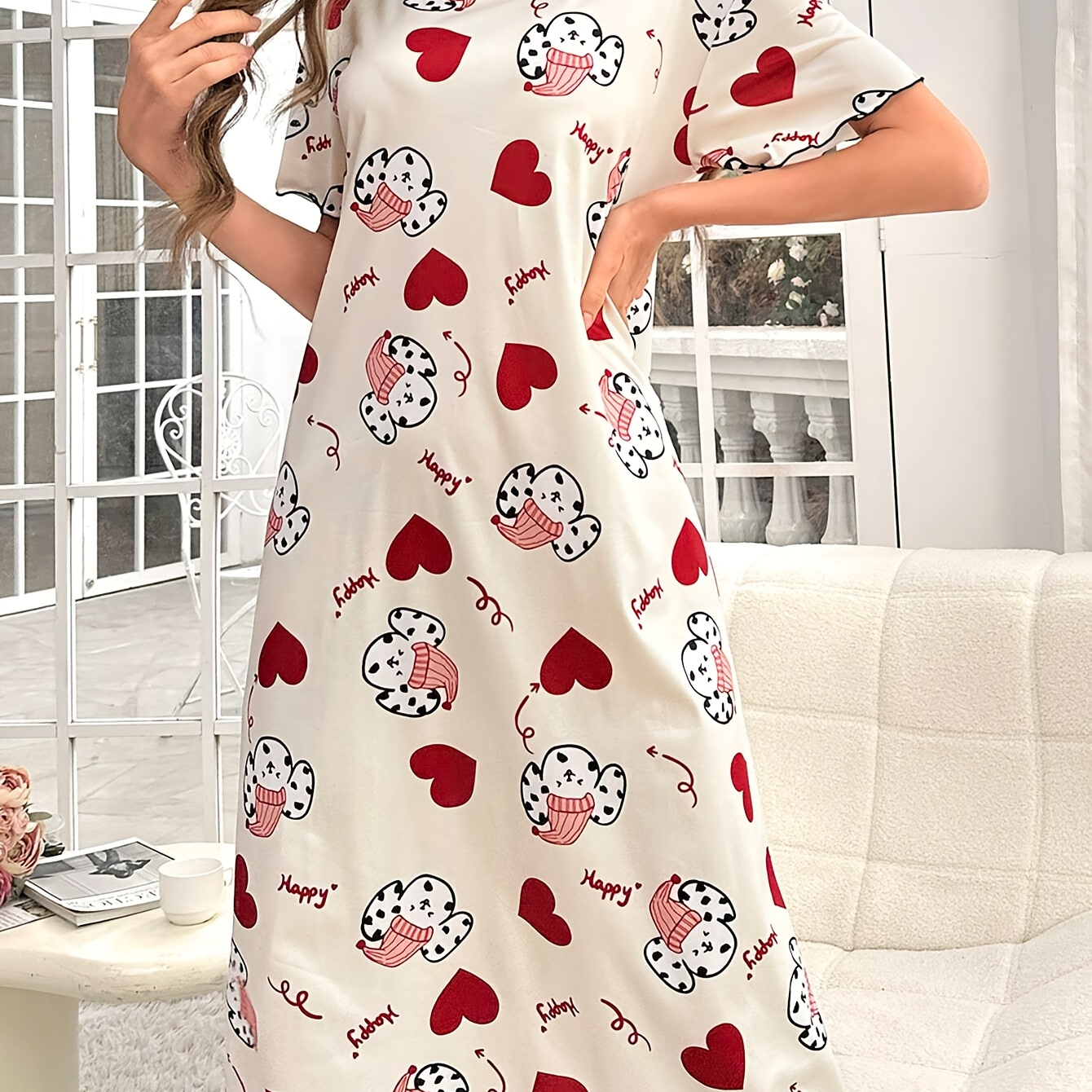 

Women's Cute Puppy & Heart Print Frill Trim Sleepwear Dress, Short Sleeve Round Neck Loose Fit Midi Dress, Comfortable Nightgown