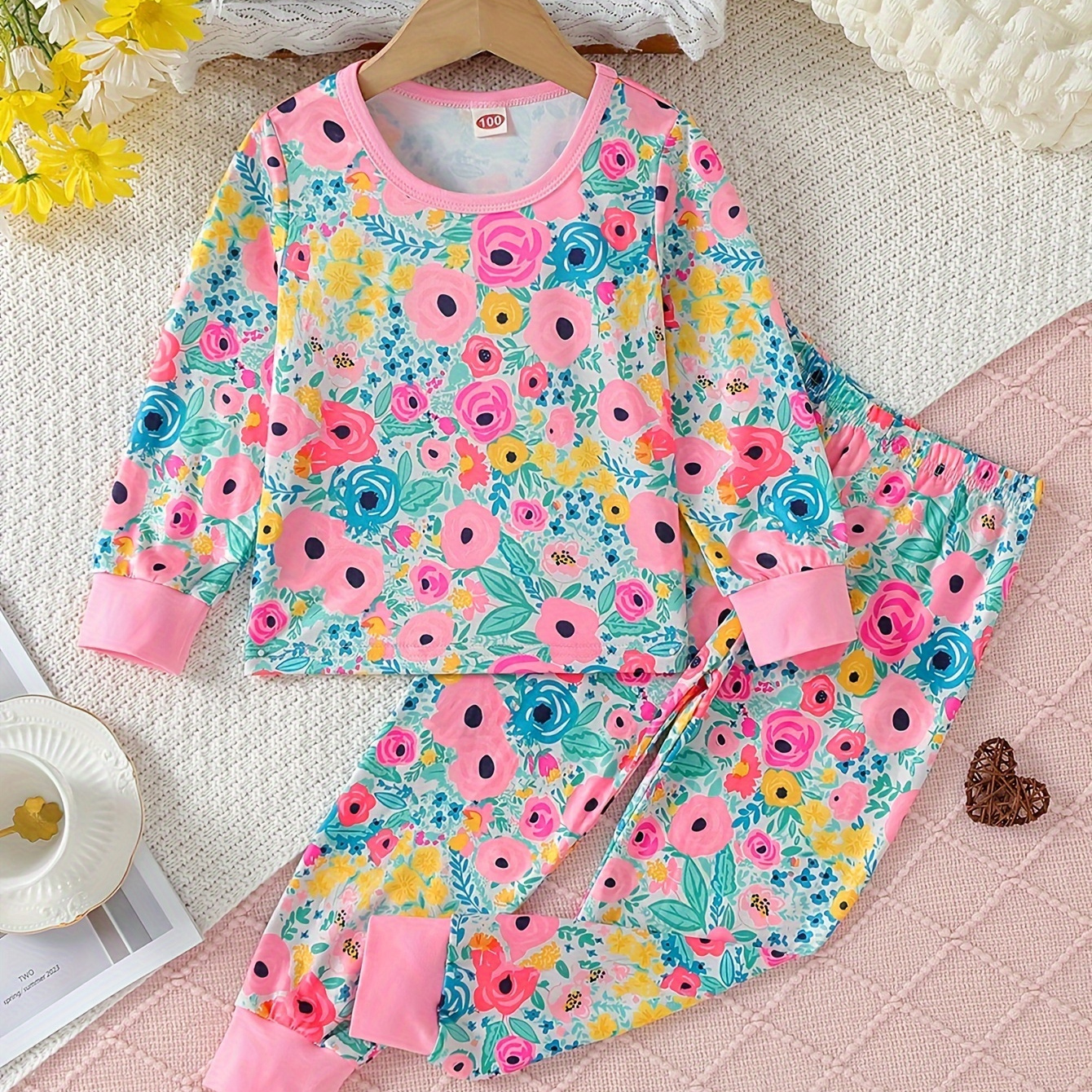 

2pcs Girl's Suit, Adorable Flowers Pattern Allover Print Long Sleeve Tops & Matching Pants Set