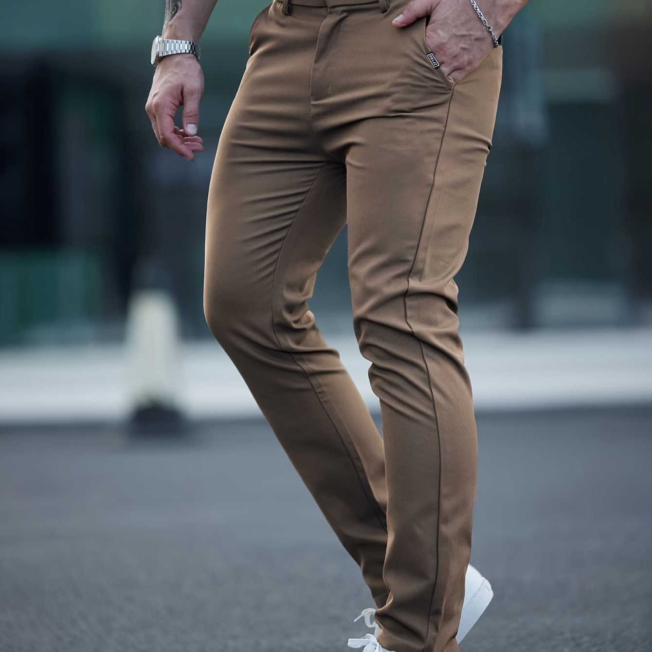 

Men's Slim-fit Straight Leg Casual Pants With Pockets - Comfortable & , Brown Polyester Trousers For Spring/fall, Machine Washable, , Casual Attire, Pants| Brown Trousers| Casualwear