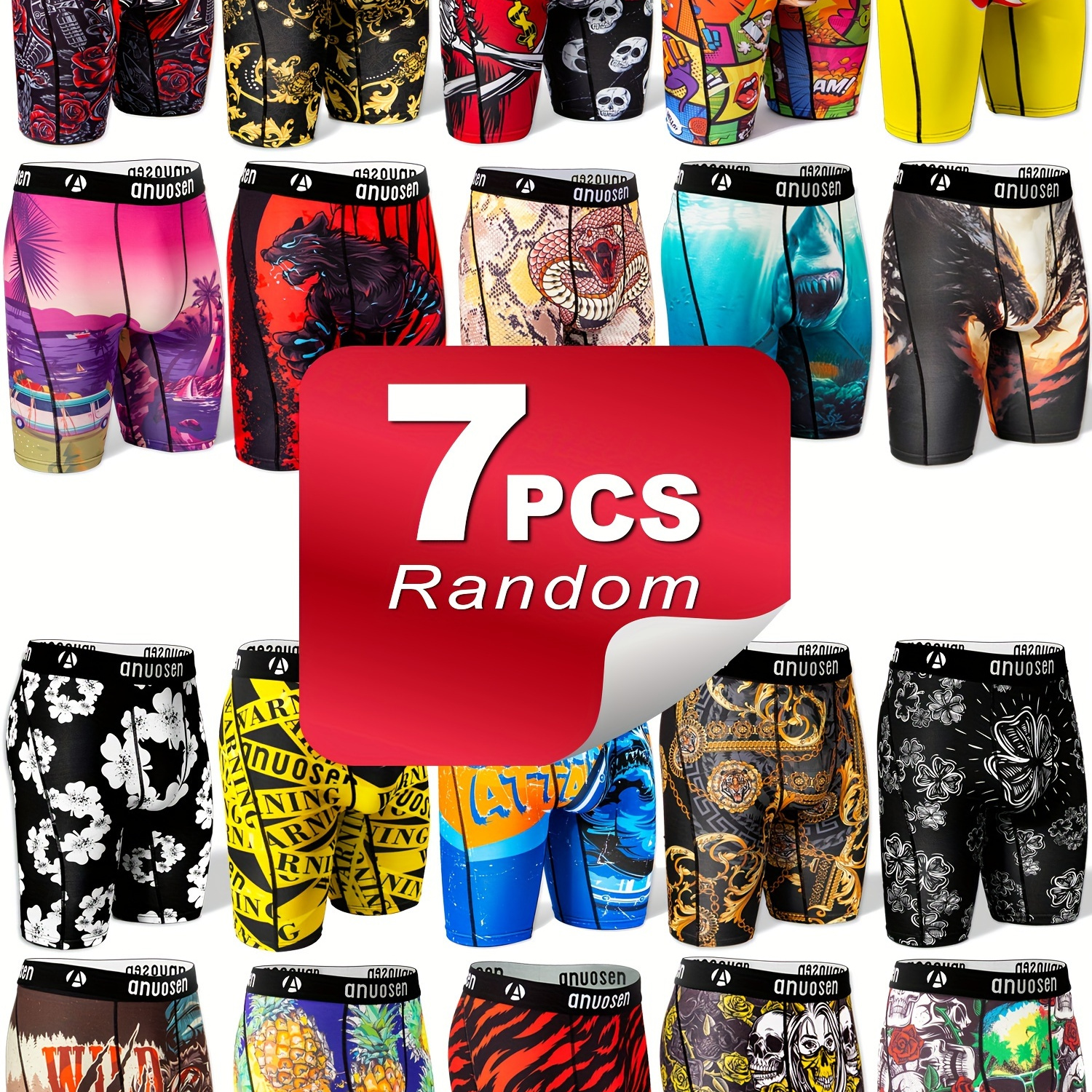 

7pcs Men' Pattern Long Briefs , Drying Stretchy , , Swim For , Novelty Underwear, Extended Printed Underwear