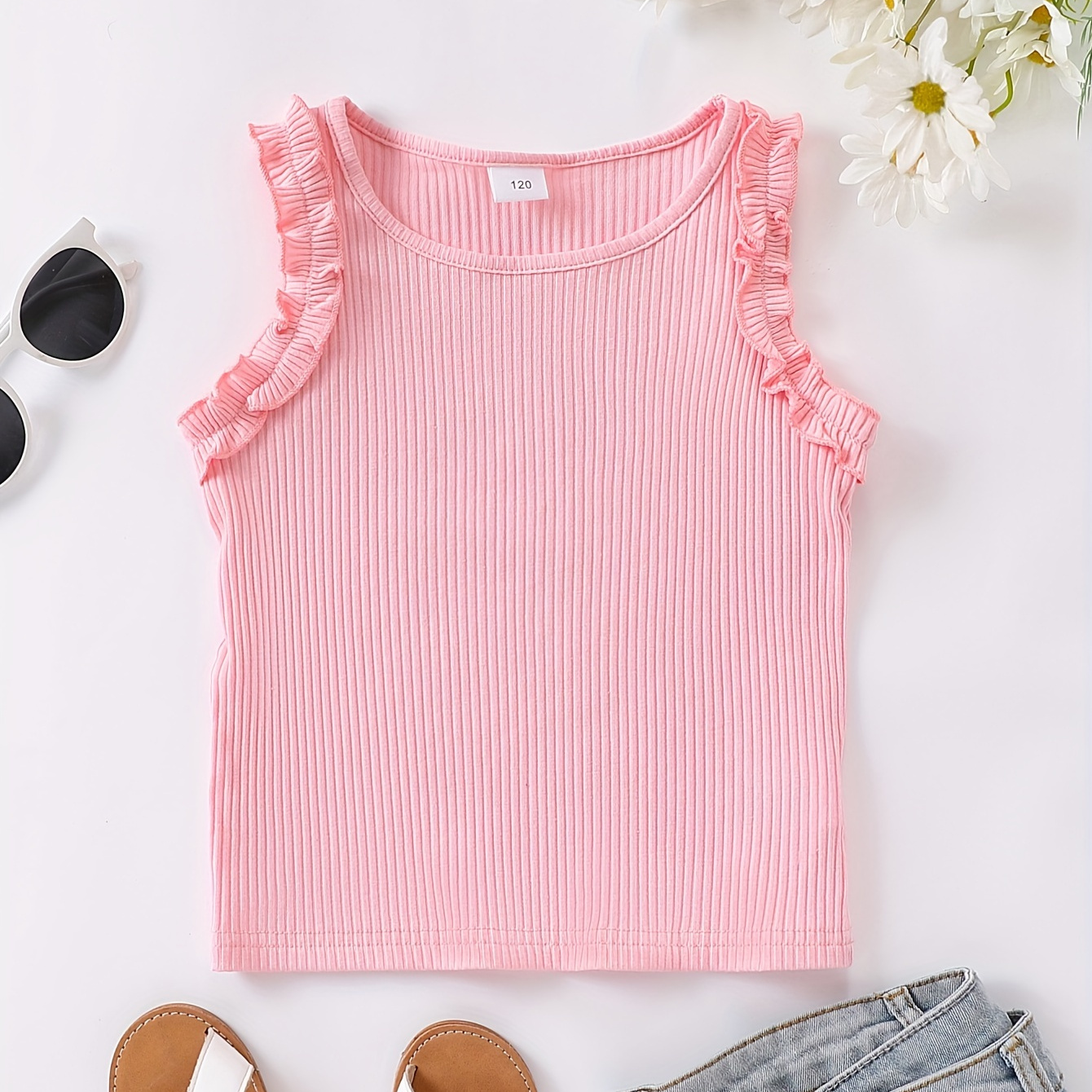 

Girls Cotton Pleated Lace Pit Strip Vest, Solid Fashion Versatile Casual Summer Sleeveless Crew Neck Vest Teen Top