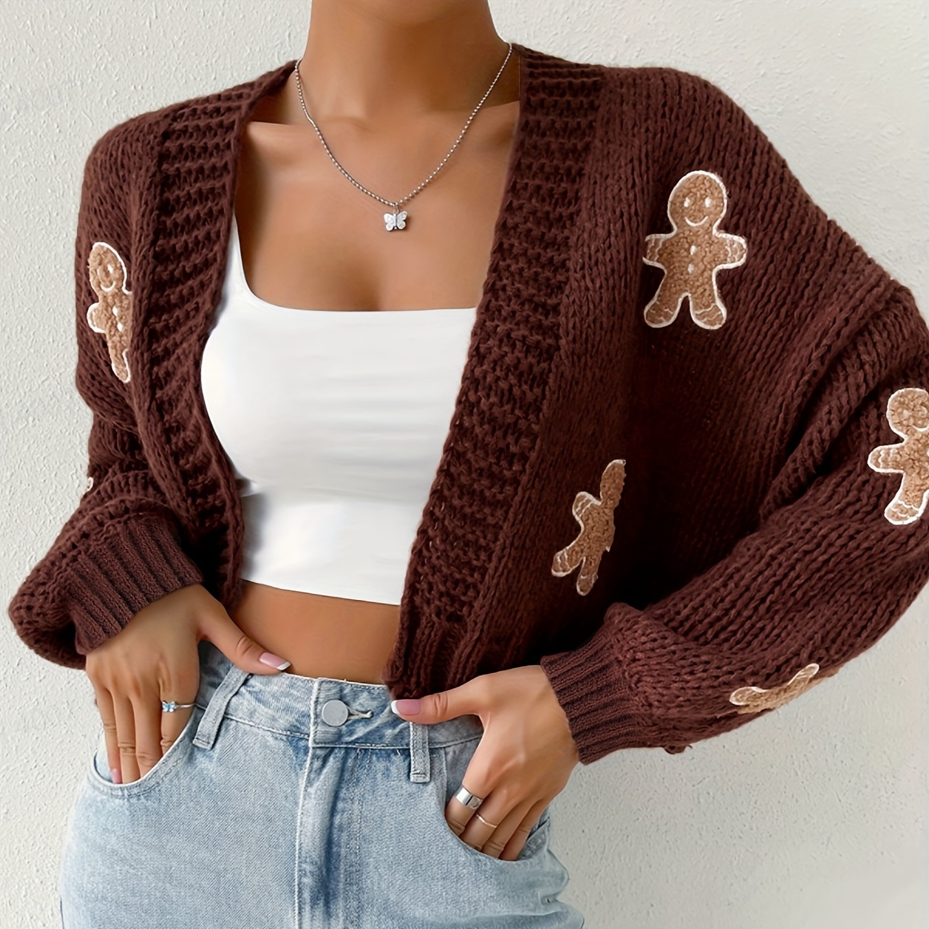 

Gingerbread Man Pattern Crop Knit Cardigan, Casual Open Front Long Sleeve Sweaeter, Women's Clothing