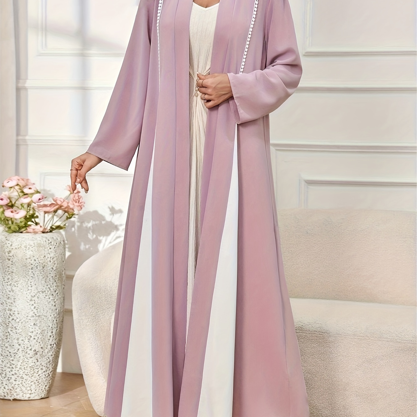 

Color Block Open Front Cover Up Kaftan, Elegant Long Sleeve Maxi Length Robe, Women's Clothing