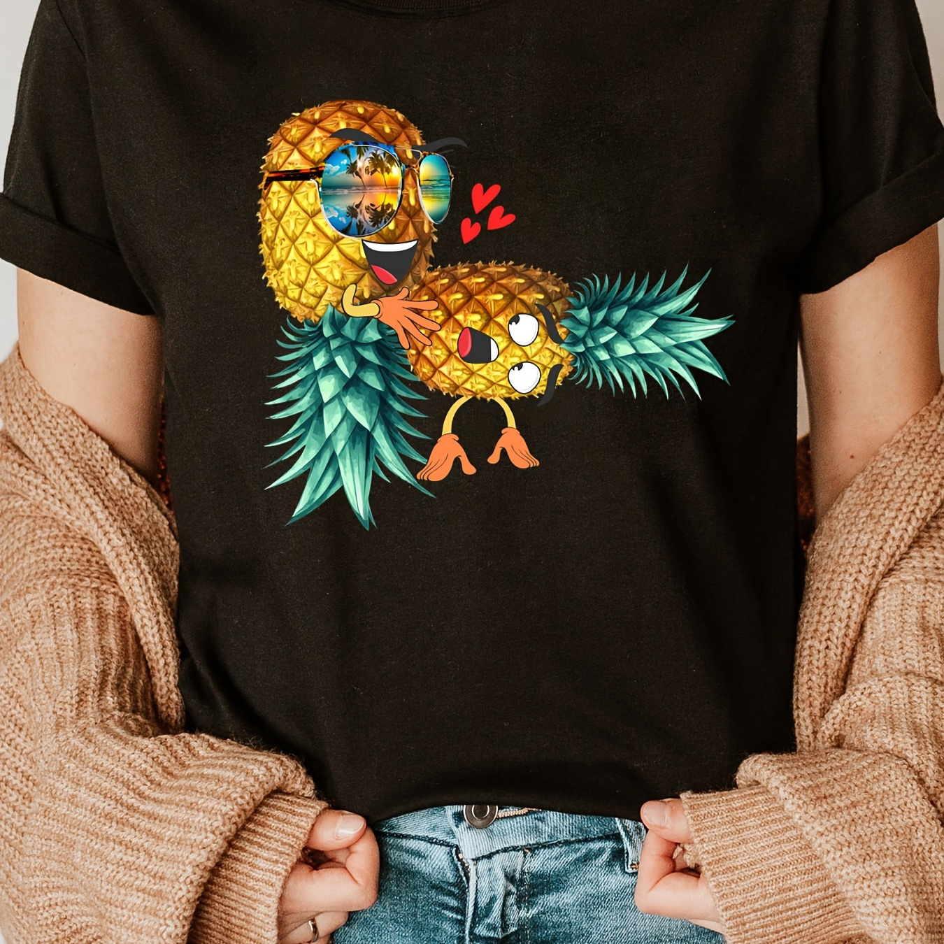 

Funny Pineapple Print Crew Neck T-shirt, Short Sleeve Casual Top For Summer & Spring, Women's Clothing