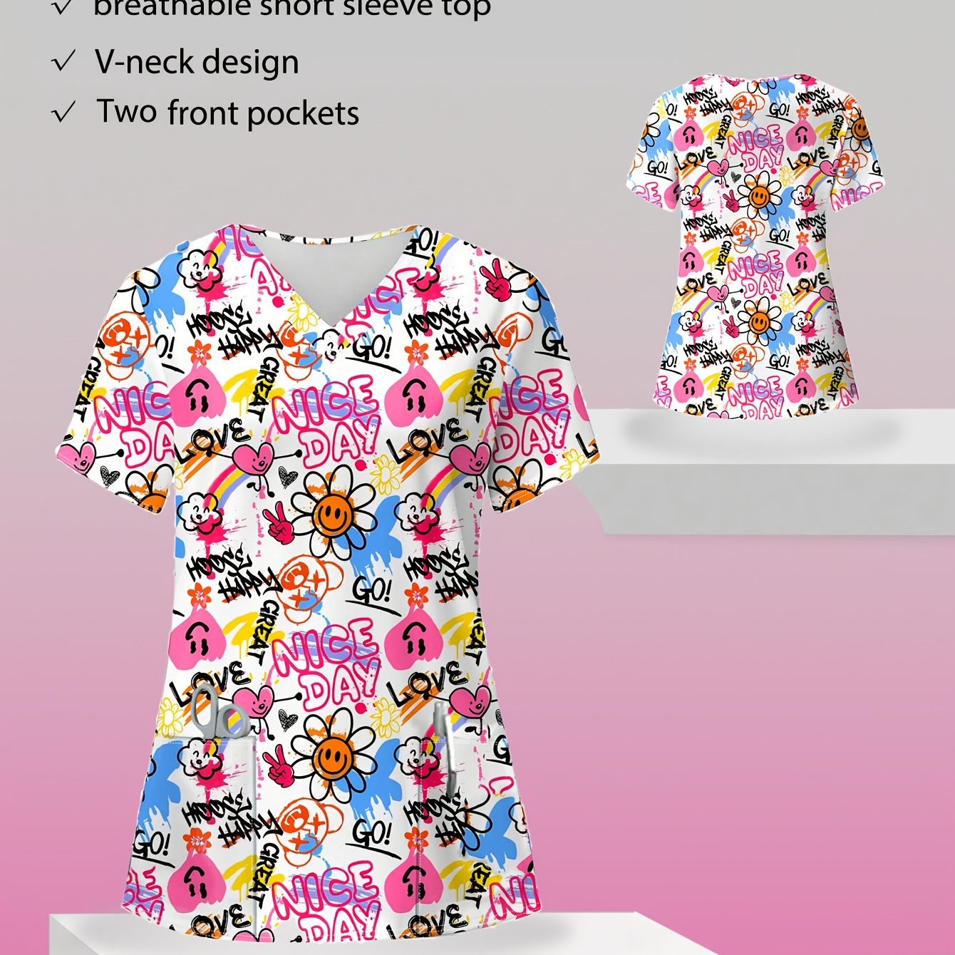 

Women's Trendy V-neck Graffiti Print Nurse Top - Comfortable & Stylish Medical Uniform With Pockets, Polyester