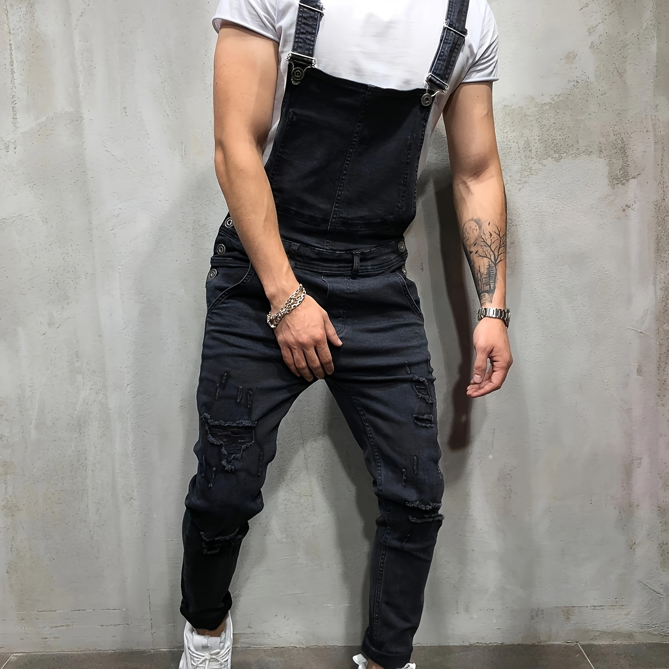 

Classic Design Ripped Overalls, Men's Casual Medium Stretch Street Style Denim Pants For All Seasons