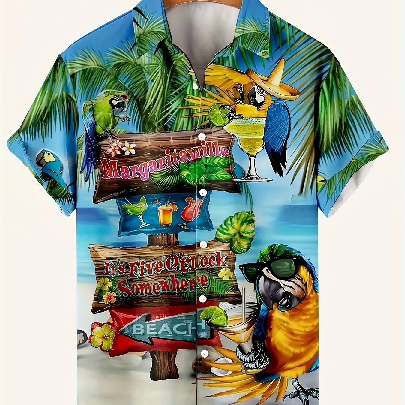 

Parrot & Beach Pattern Men's Short Sleeve Button Down Lapel Shirt For Summer Resort Holiday, Hawaiian Style