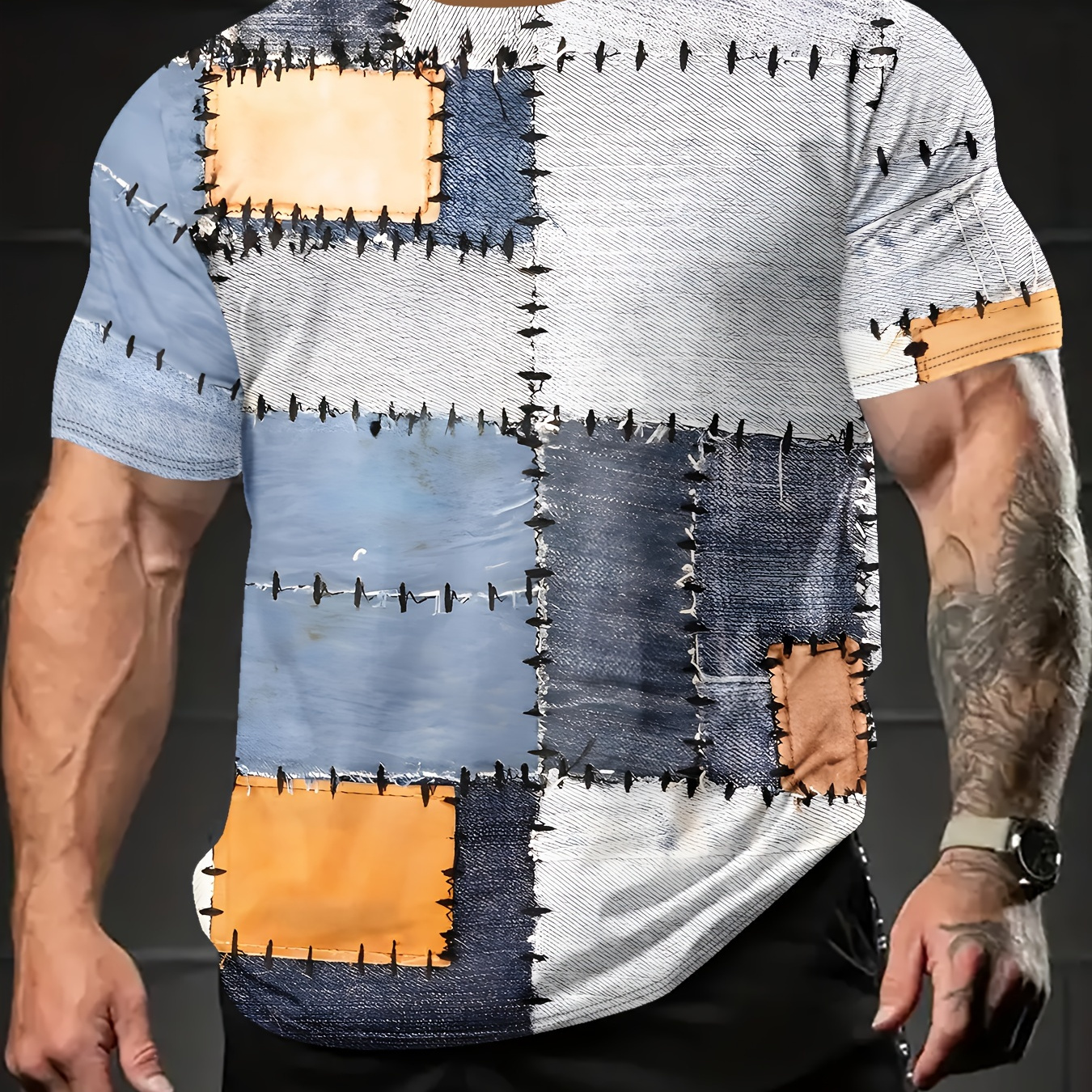 

Patchwork Pattern 3d Printed Crew Neck Short Sleeve T-shirt For Men, Casual Summer T-shirt For Daily Wear And Vacation Resorts