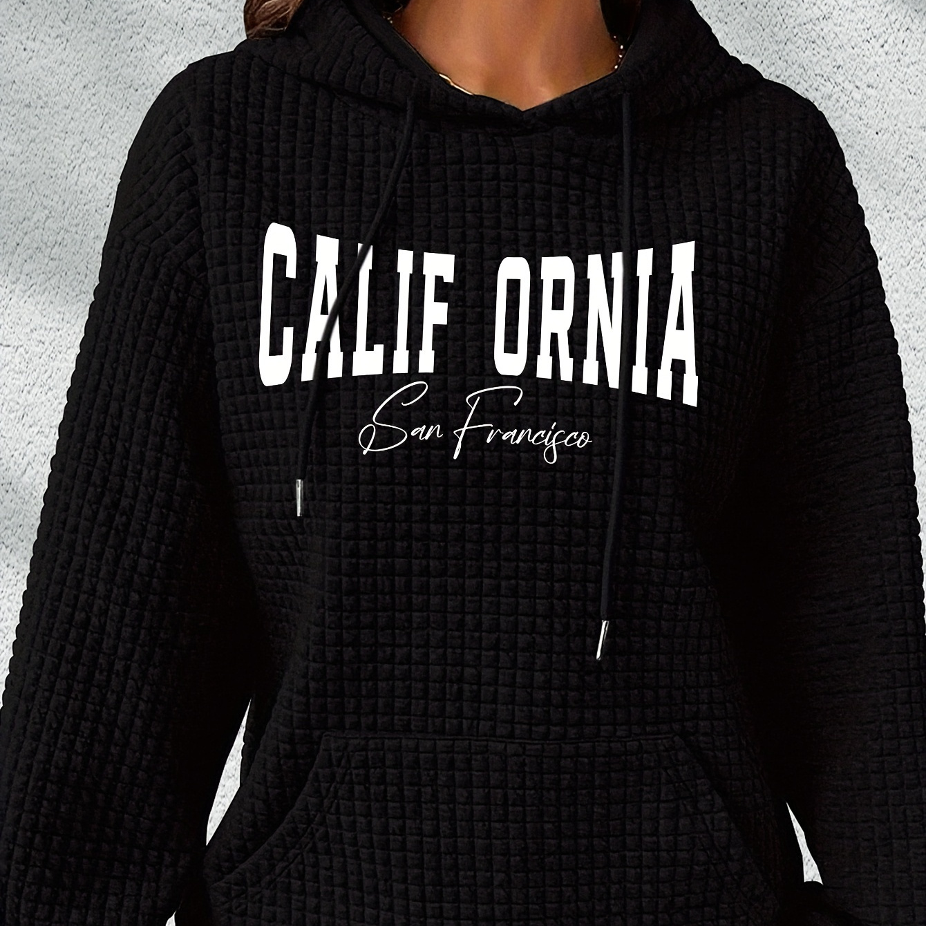 

California Print Waffle Hoodie, Drawstring Kangaroo Pocket Casual Hooded Sweatshirt For Winter & Fall, Women's Clothing