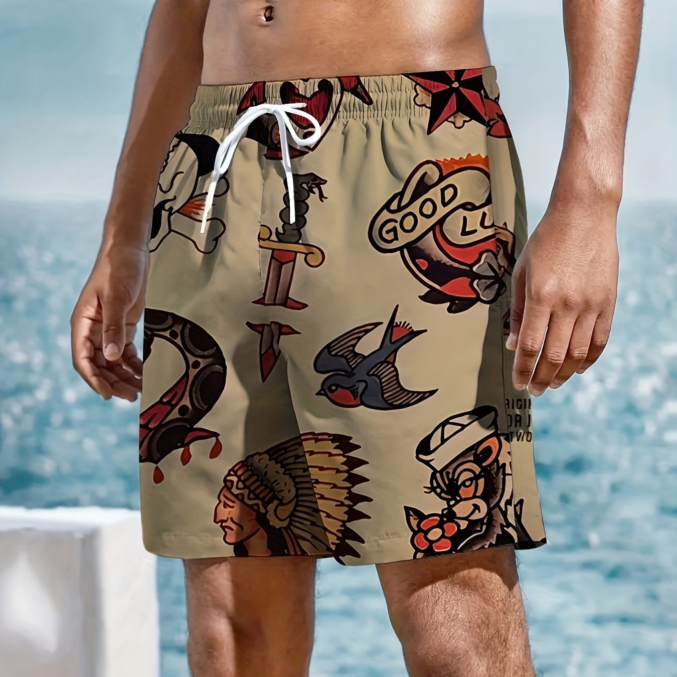 

Men's Skull Print Shorts With Pockets, Casual Drawstring Shorts, Suitable For Beach Summer Vacation Swimming And Surfing