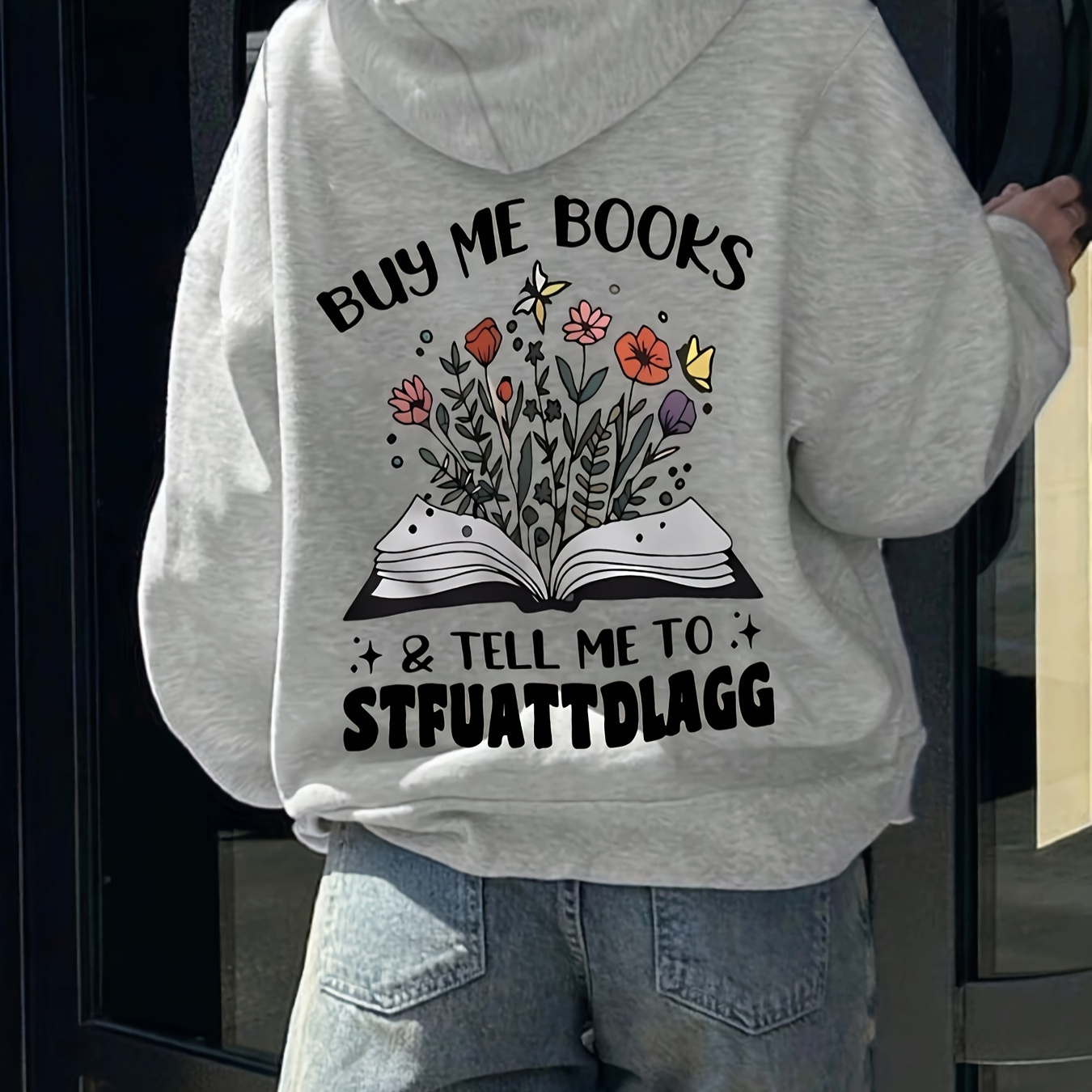 

Plus Size Books & Floral Print Hoodie, Casual Kangaroo Pocket Drawstring Long Sleeve Hooded Sweatshirt, Women's Plus Size Clothing