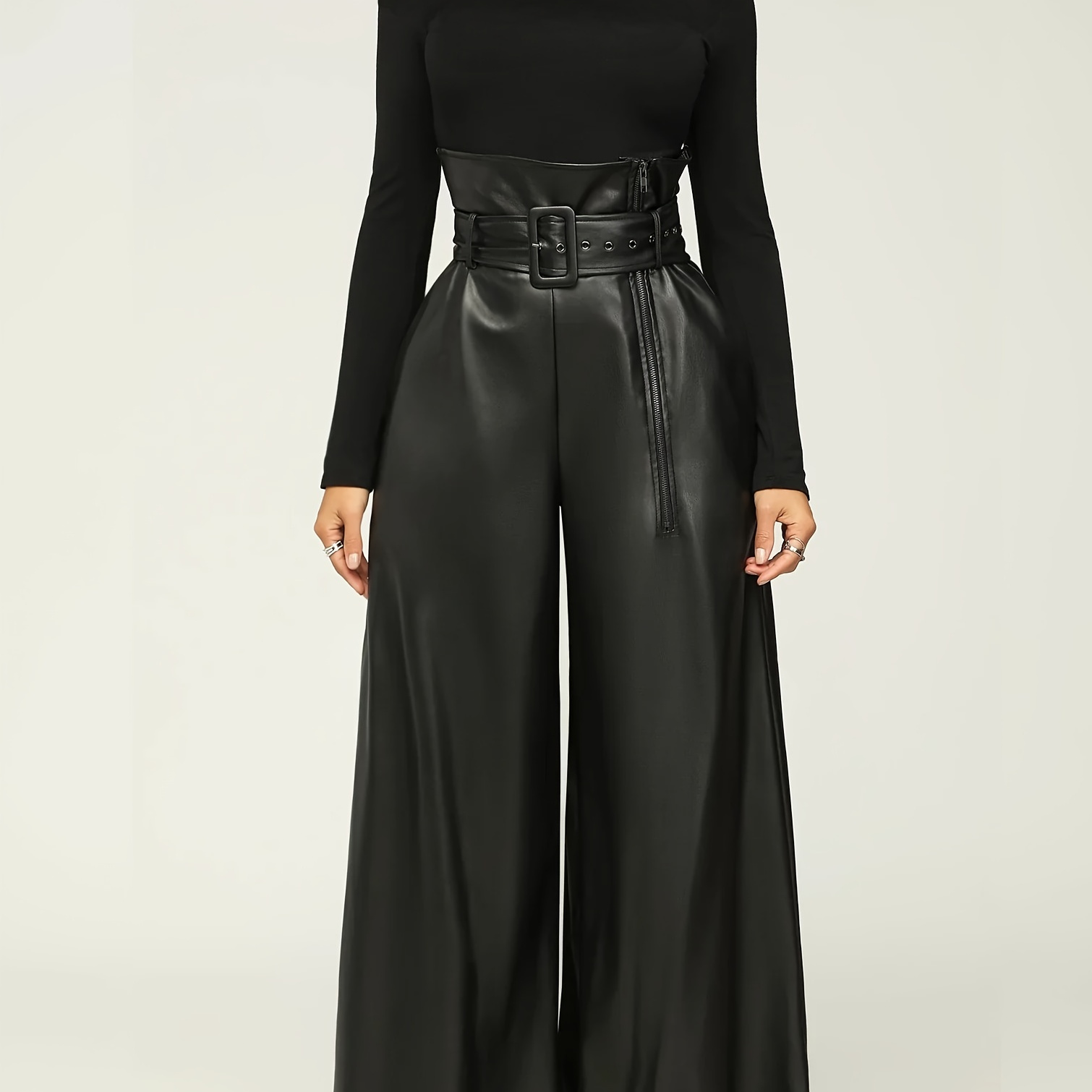 

Elegant Wide-leg Solid Color Leather Pants For Women, Featuring A Metallic Belt - Opaque.