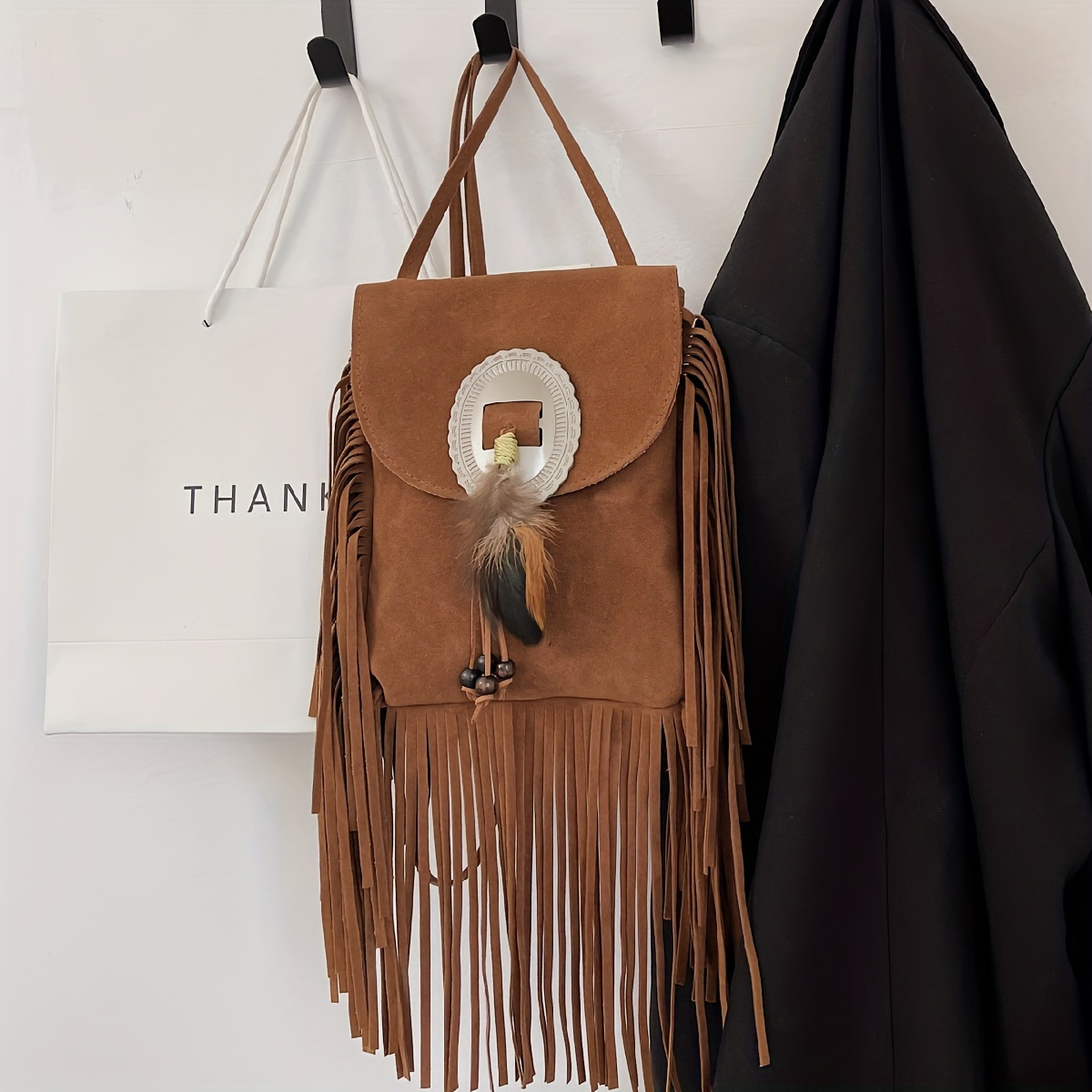 Suede Fringe Decor Vacation Style Crossbody Bag Single Shoulder Bag Square  Shaped