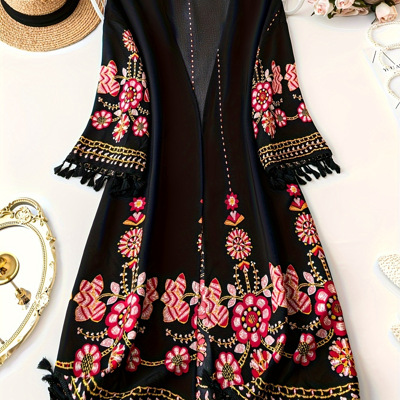 

1pc Elegant Floral Tassel Cardigan For Women, Polyester Woven Non-stretch Top With Collarless Design, Spring/summer Fashion Open Front Tunic