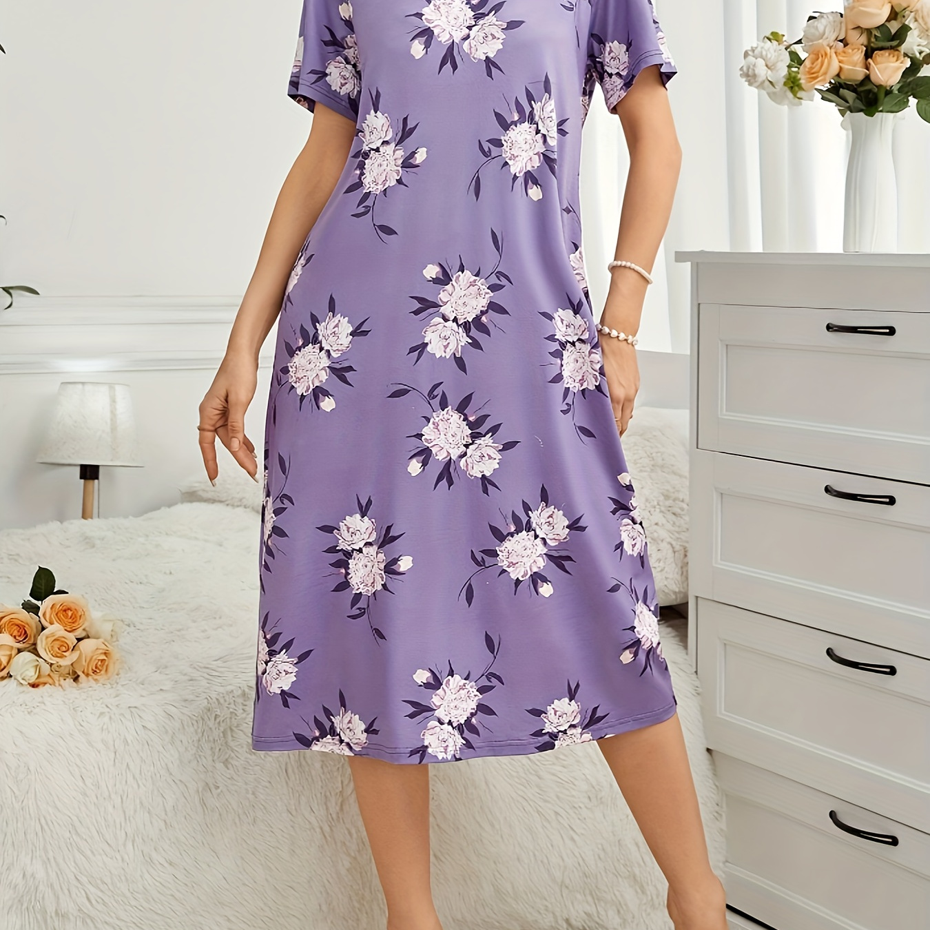 

Women's Floral Print Midi Dress, Casual Short Sleeve Comfortable Sleepwear, Round Neck, Relaxed Fit