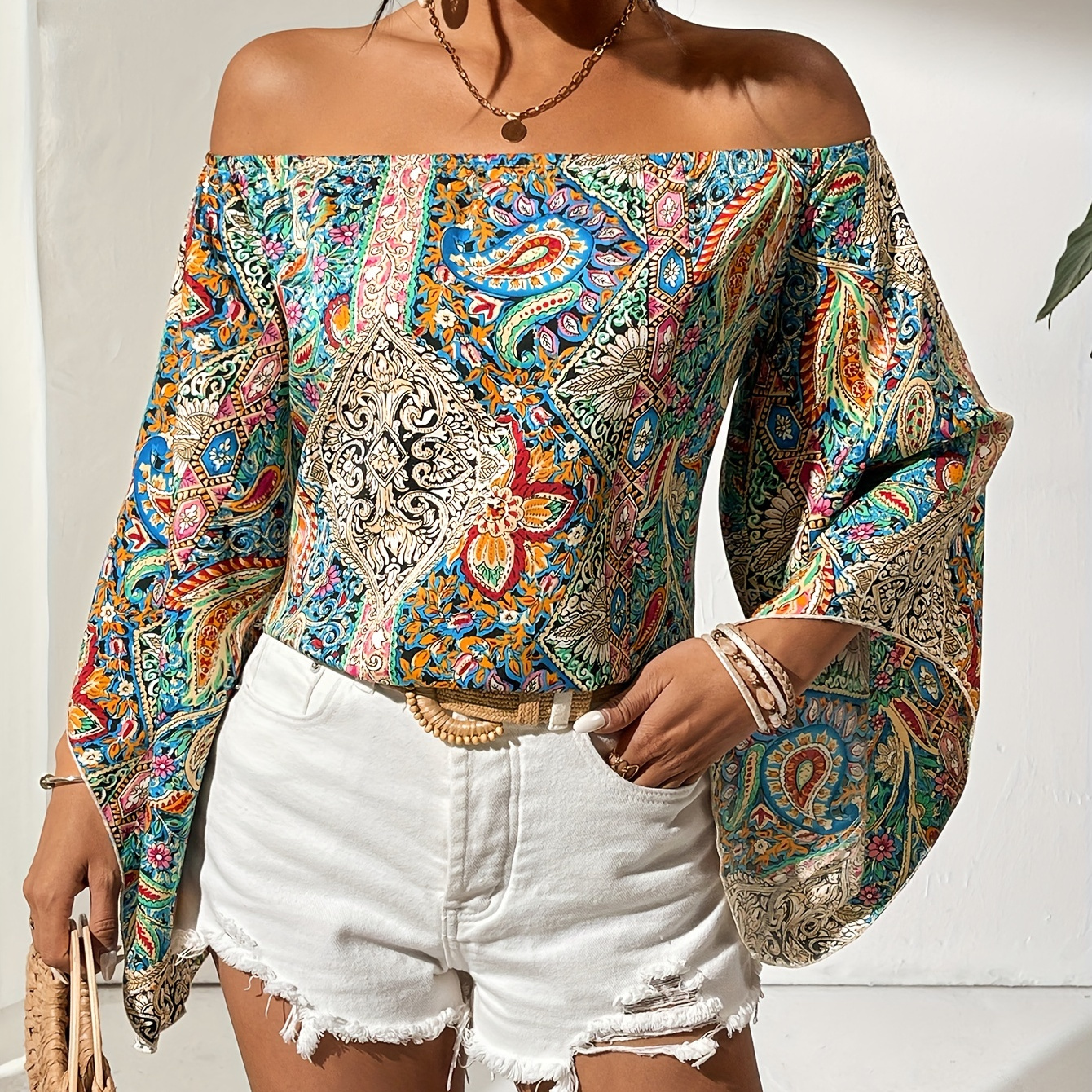 

Paisley Print Off Shoulder Blouse, Vintage Flare Sleeve Blouse For Spring & Summer, Women's Clothing