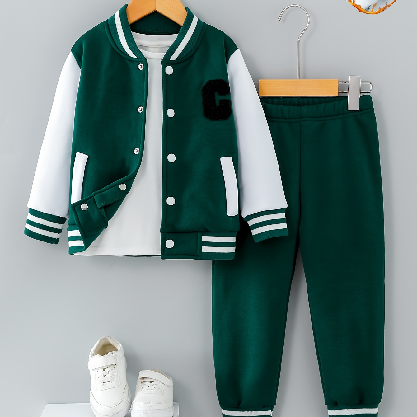 

2pcs Boy's Spring And Autumn Casual Set - Letter C Stamp Color Blocking Long Sleeve Baseball Jacket + Pants -ord Set As Gift