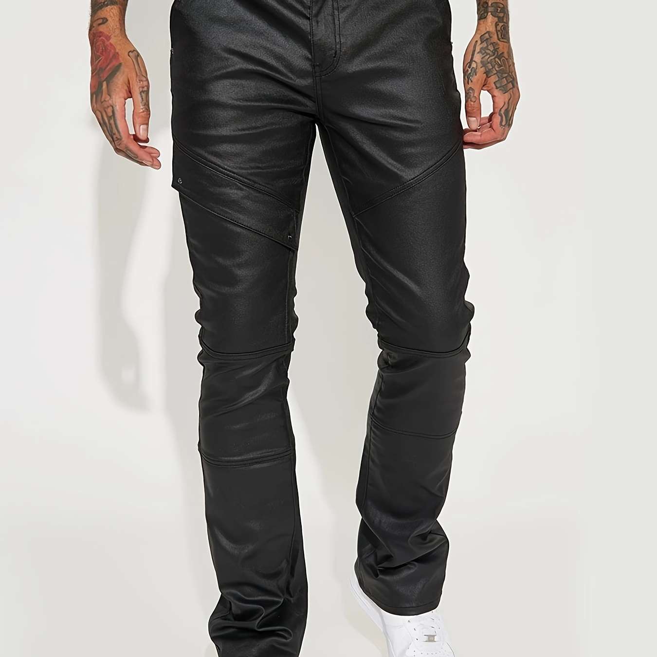 

Men's Casual Black Leather Trousers - Sleek, With Pocket Detail, Polyester , Regular Woven Style For Casual Attire