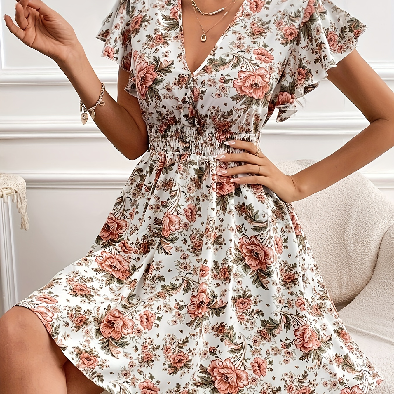 

Floral Print Shirred Waist Dress, Elegant V Neck Flutter Sleeve Dress For Spring & Summer, Women's Clothing