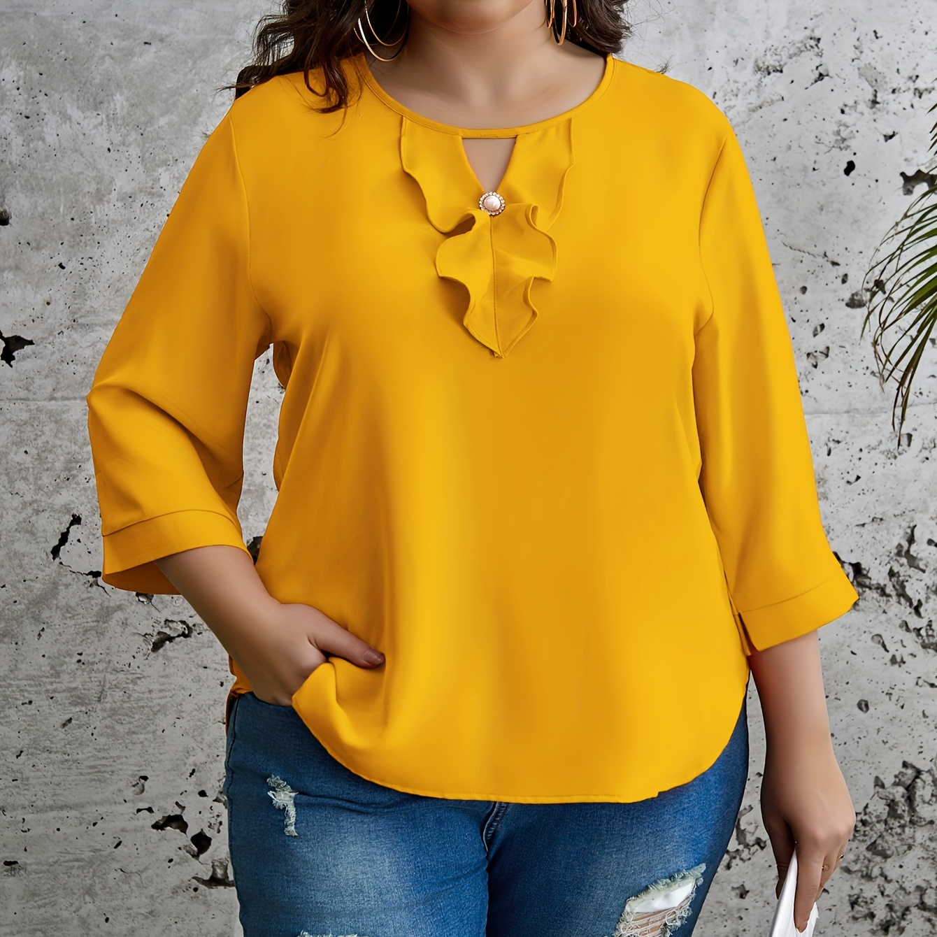 

Plus Size Elegant Yellow Blouse For Women With Ruffle Detail - Round Neck, 3/4 Sleeve, Polyester, Non-sheer - , Casual Wear Blouse|vibrant Yellow Blouse|pearl , Plus Size Blouses