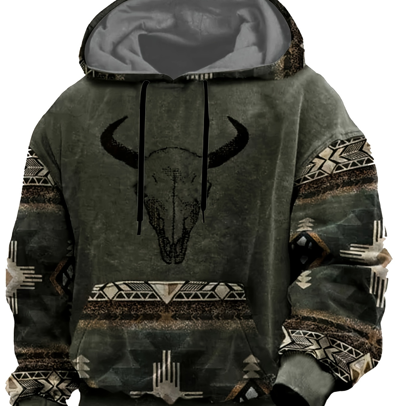 

Men's Bull Print Hoodie With Kangaroo Pocket, Casual Breathable Long Sleeve Hooded Sweatshirt For Outdoor